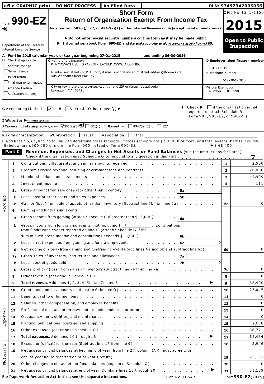 Image of first page of 2015 Form 990EZ for PTA Massachusetts Parent-Teacher Association