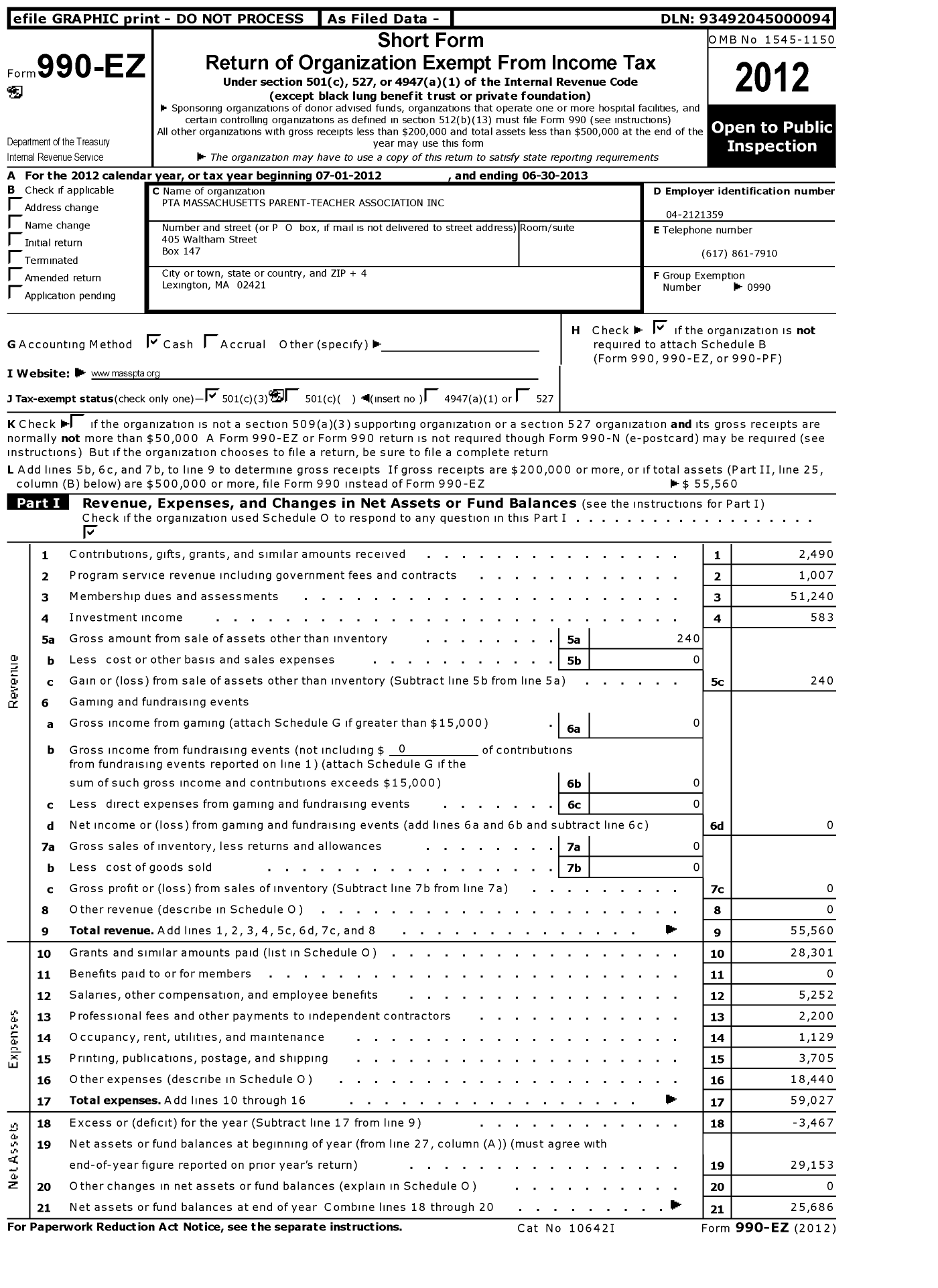 Image of first page of 2012 Form 990EZ for PTA Massachusetts Parent-Teacher Association