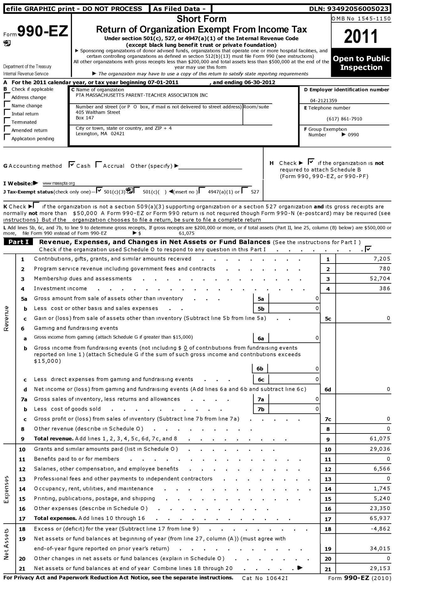 Image of first page of 2011 Form 990EZ for PTA Massachusetts Parent-Teacher Association