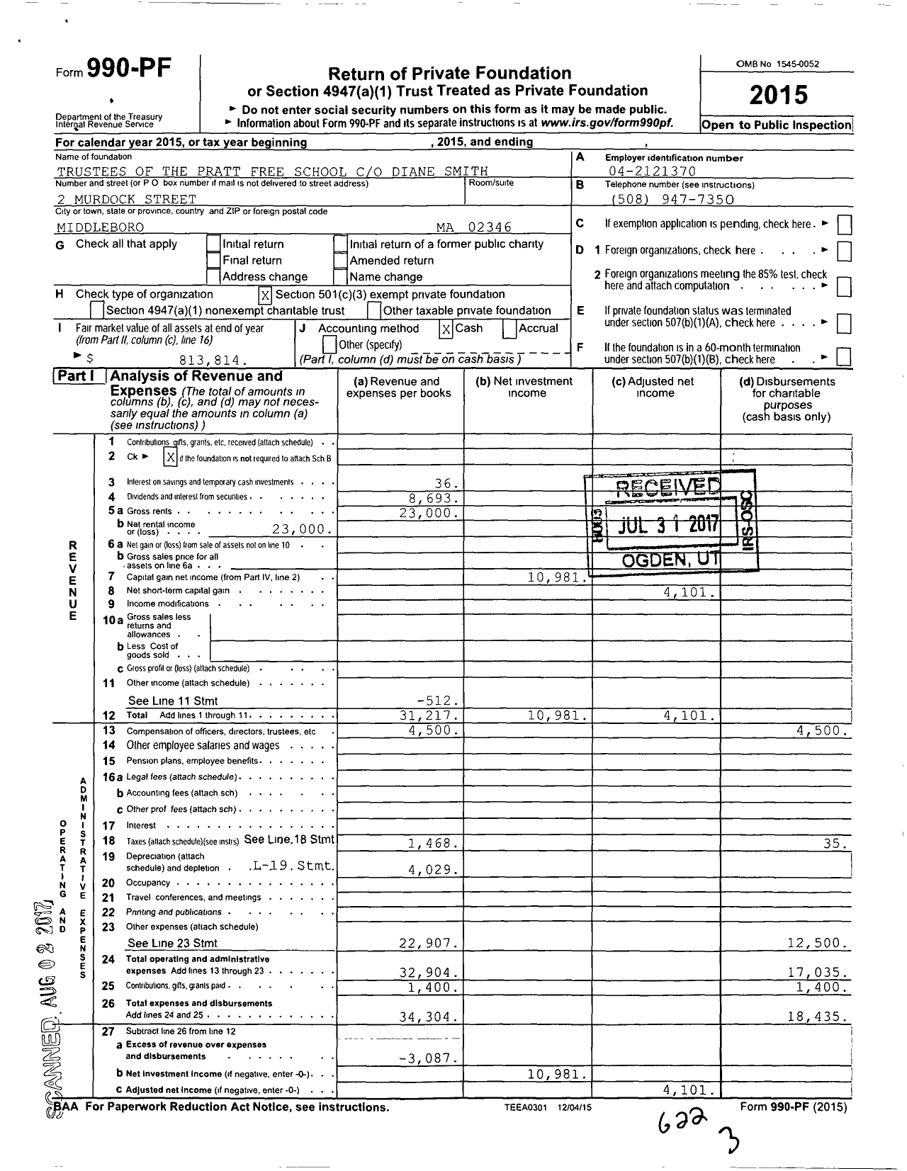 Image of first page of 2015 Form 990PF for Trustees of the Pratt Free School Diane Smith