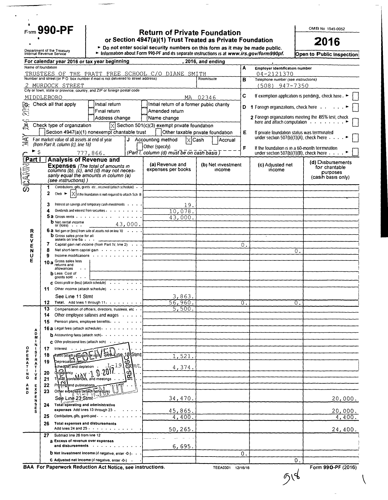 Image of first page of 2016 Form 990PF for Trustees of the Pratt Free School Diane Smith