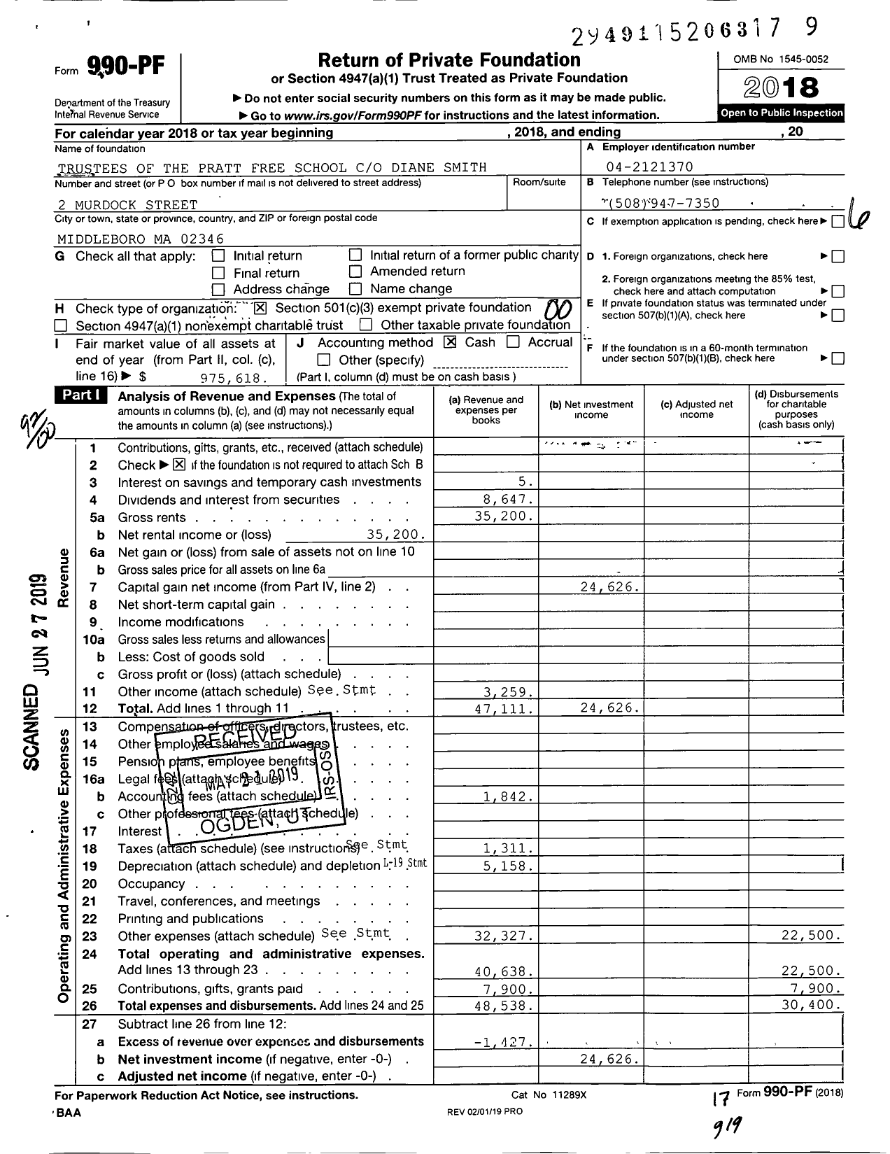 Image of first page of 2018 Form 990PF for Trustees of the Pratt Free School Diane Smith