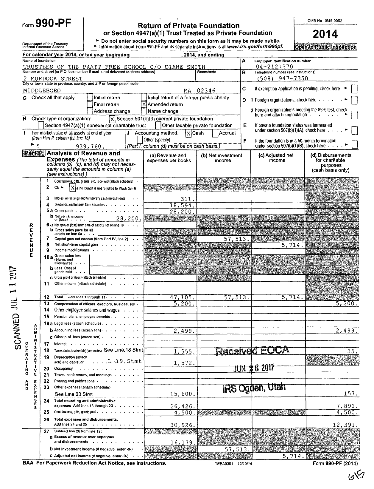 Image of first page of 2014 Form 990PF for Trustees of the Pratt Free School Diane Smith