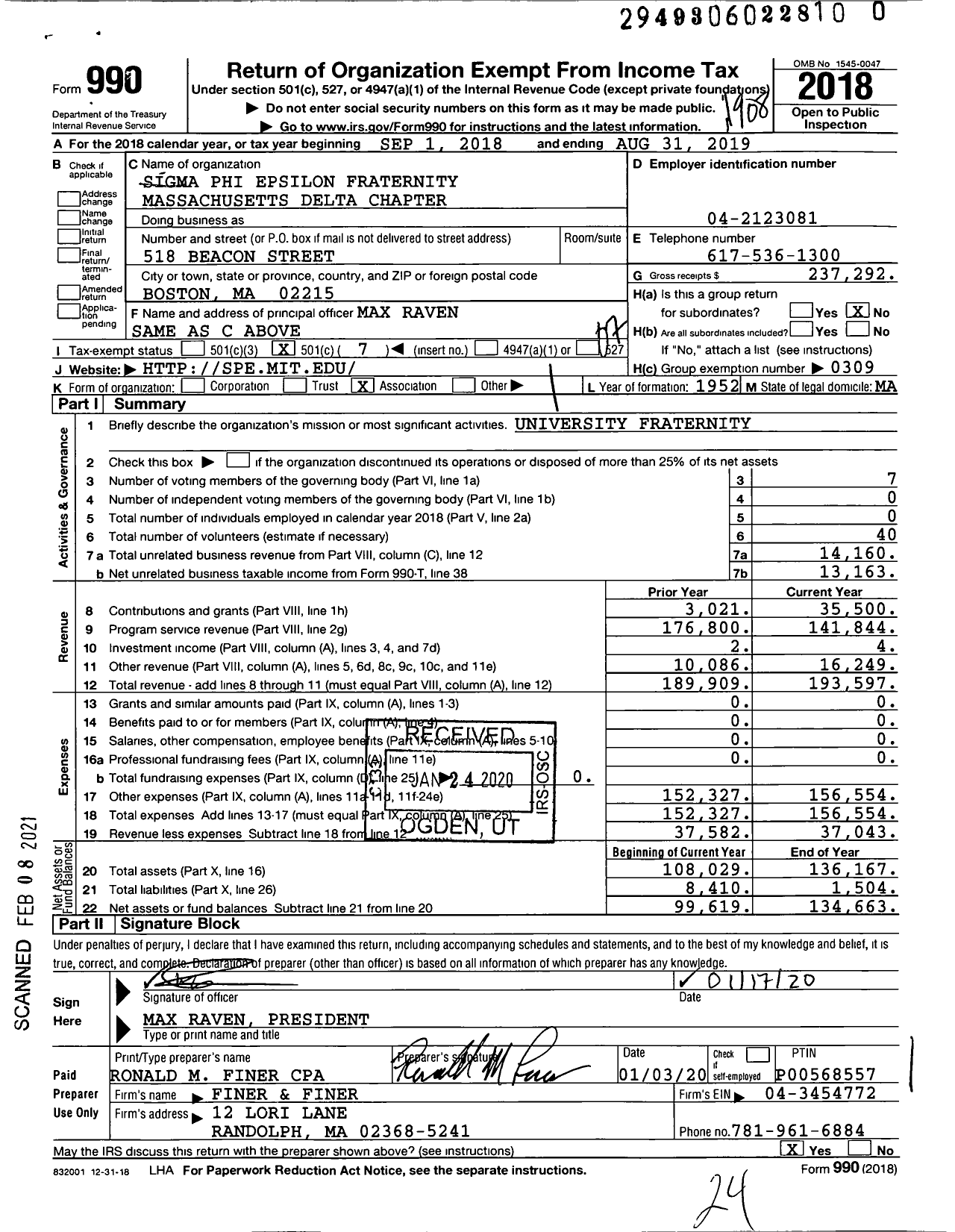 Image of first page of 2018 Form 990O for Sigma Phi Epsilon - Ma Delta Chapter