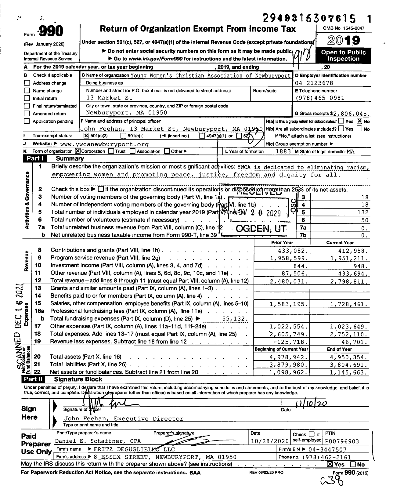 Image of first page of 2019 Form 990 for Young Women's Christian Association of Newburyport (YWCA)