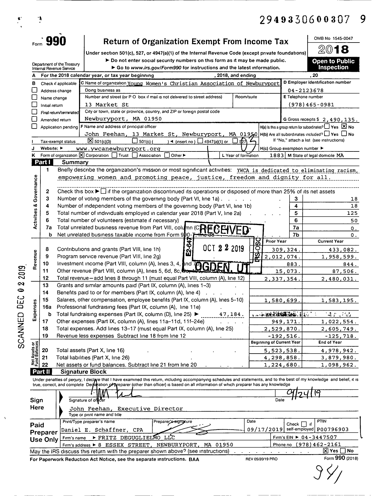 Image of first page of 2018 Form 990 for Young Women's Christian Association of Newburyport (YWCA)