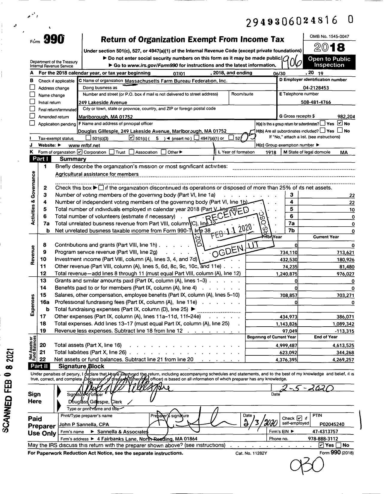 Image of first page of 2018 Form 990O for Massachusetts Farm Bureau Federation