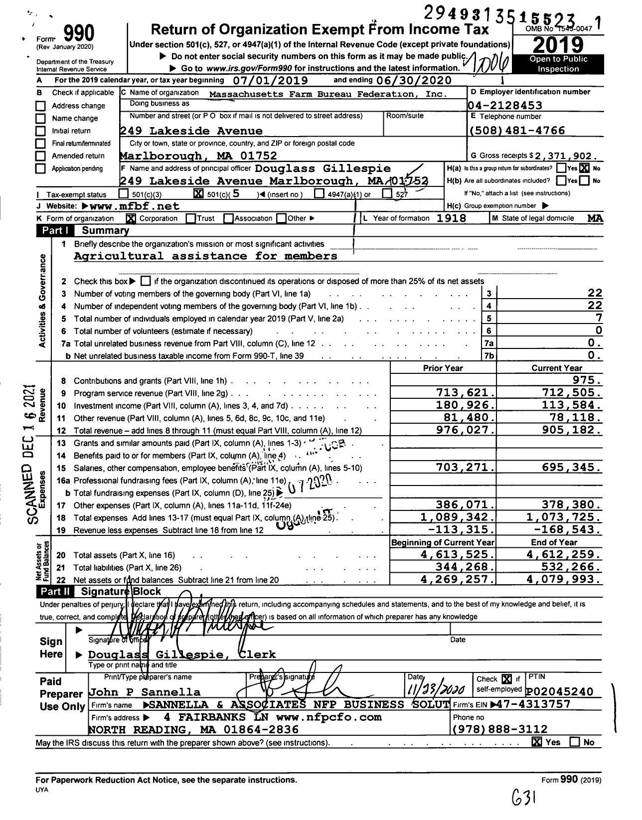 Image of first page of 2019 Form 990O for Massachusetts Farm Bureau Federation