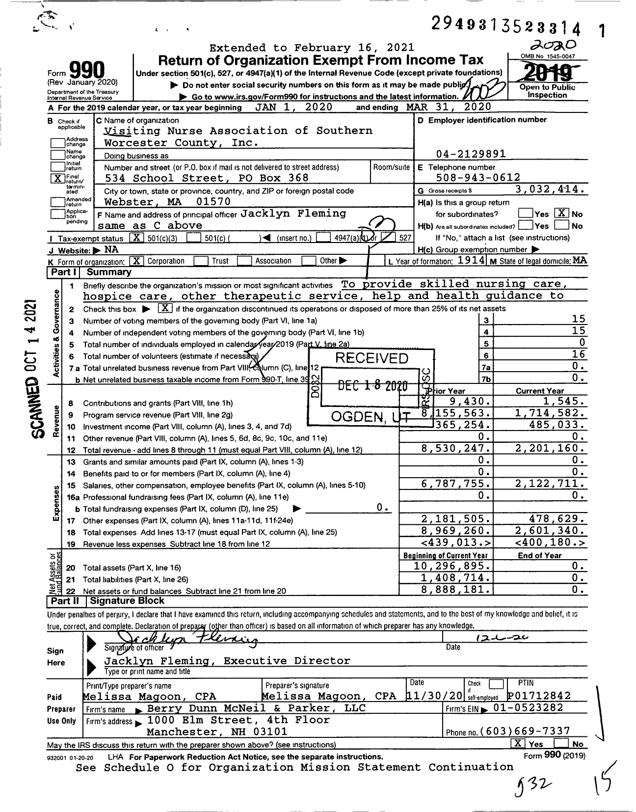 Image of first page of 2019 Form 990 for Visiting Nurse Association of Southern Worcester County (VNASWC)