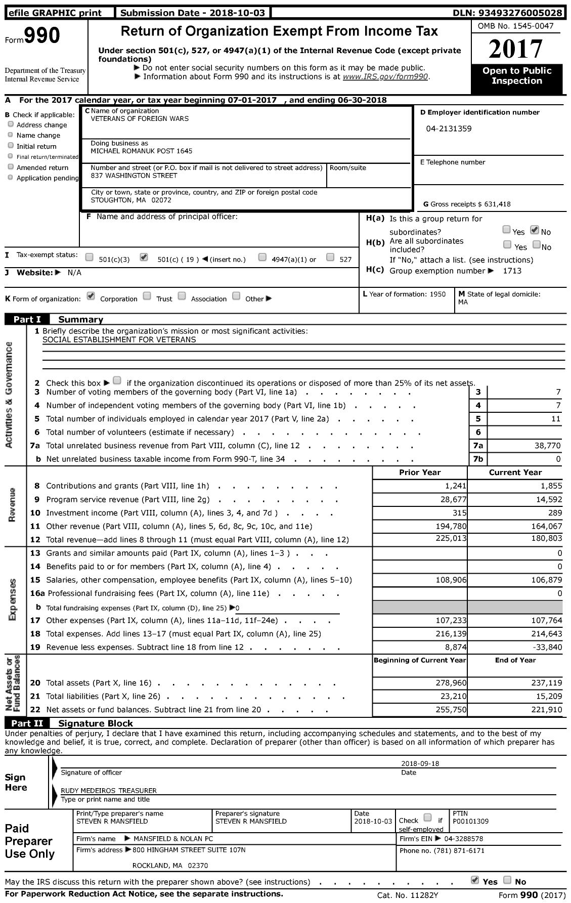 Image of first page of 2017 Form 990 for VFW Department of Massachusetts - 1645 Vfw-Mass