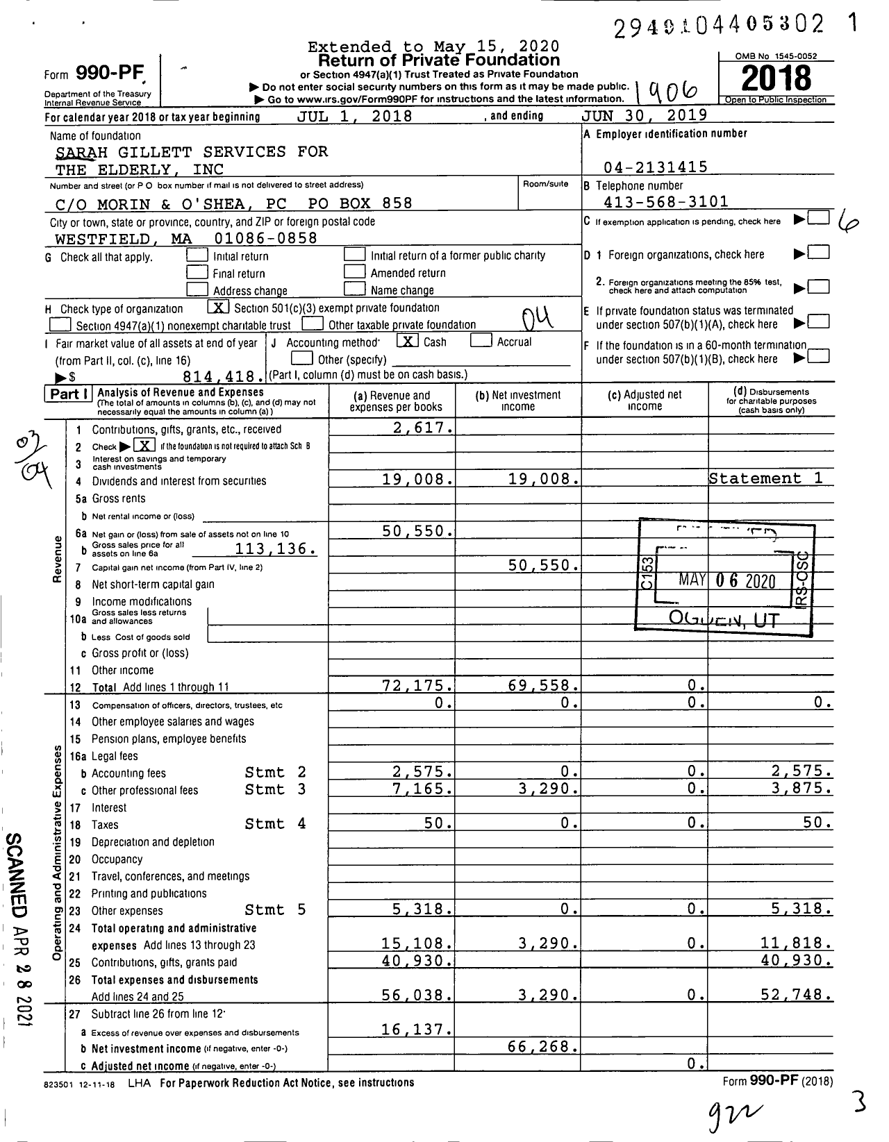 Image of first page of 2018 Form 990PF for Sarah Gillett Services for the Elderly