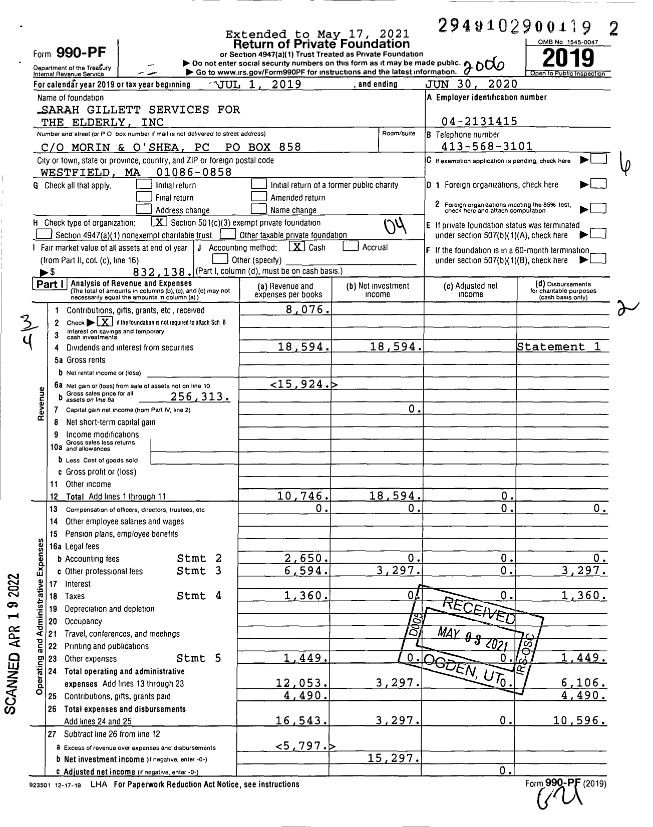 Image of first page of 2019 Form 990PF for Sarah Gillett Services for the Elderly