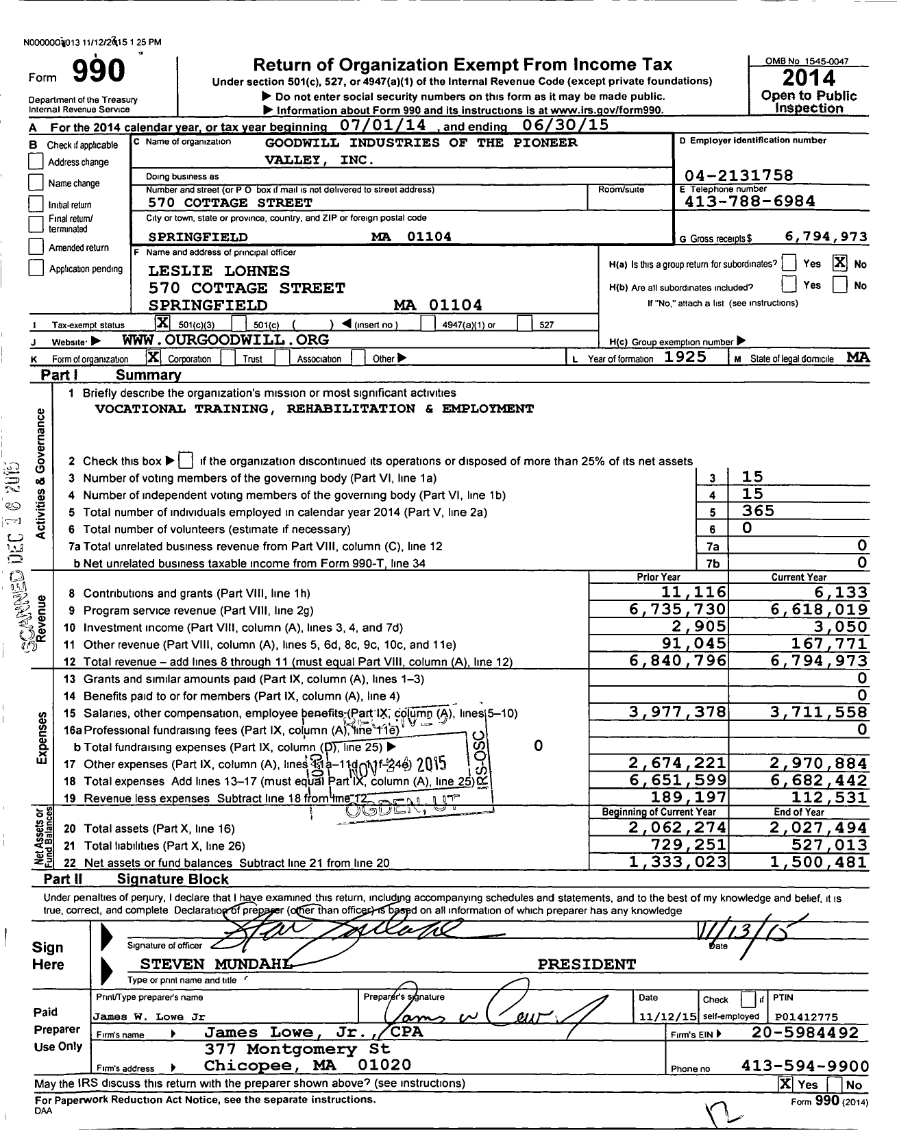 Image of first page of 2014 Form 990 for Goodwill Industries of the Pioneer Valley