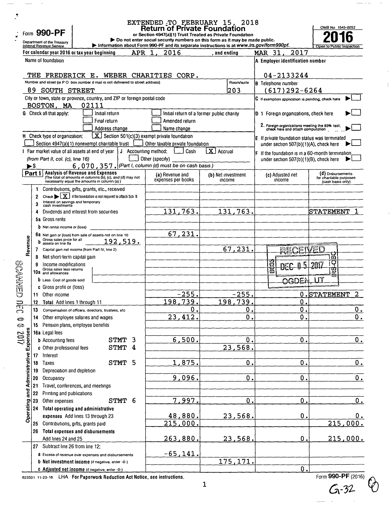 Image of first page of 2016 Form 990PF for The Frederick E Weber Charities Corporation