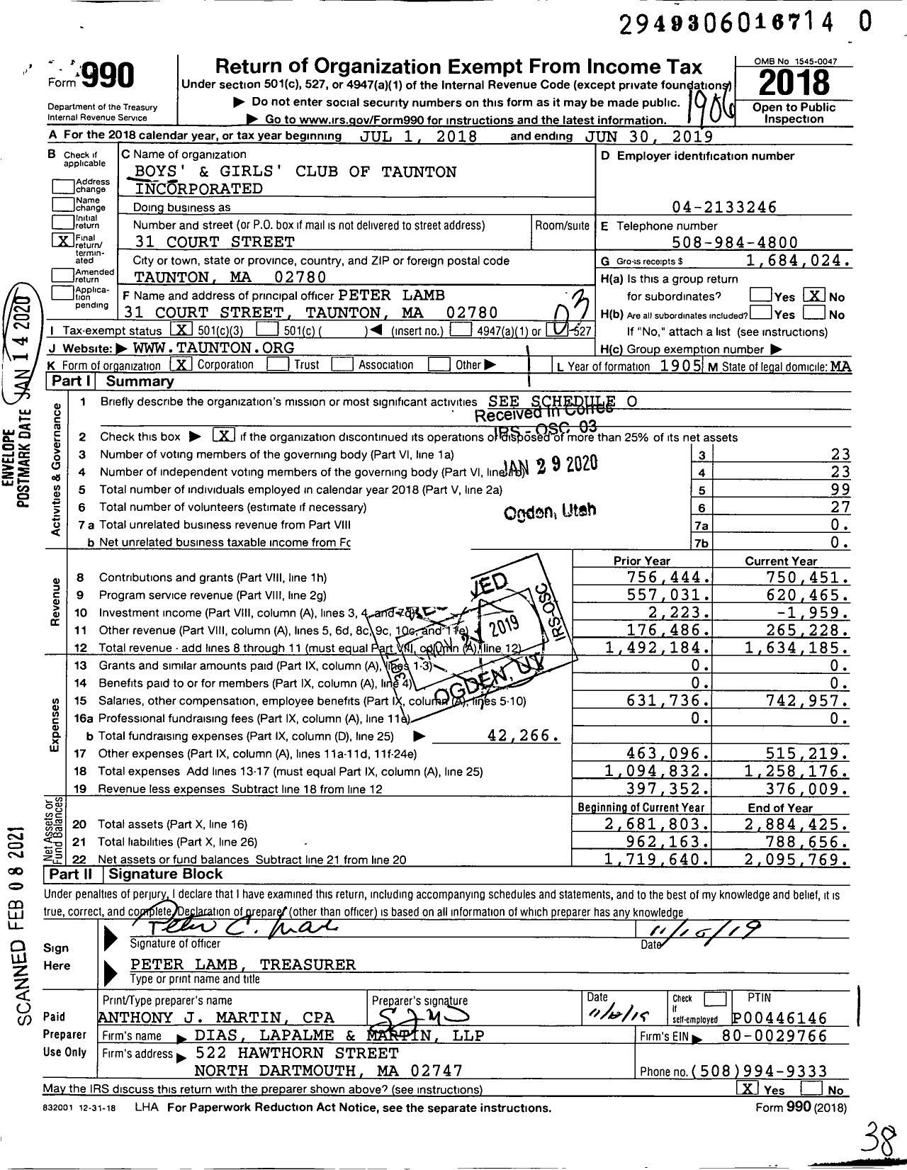 Image of first page of 2018 Form 990 for Boys' and Girls' Club of Taunton Incorporated