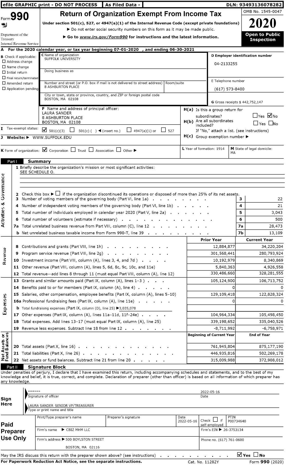 Image of first page of 2020 Form 990 for Suffolk University