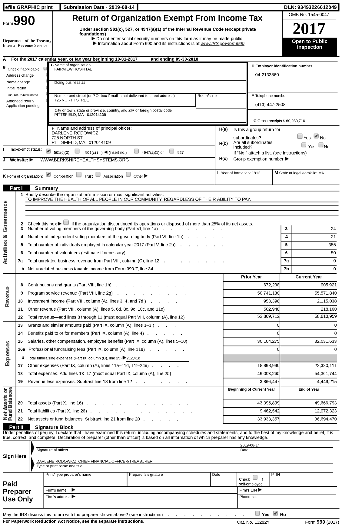 Image of first page of 2017 Form 990 for Fairview Hospital