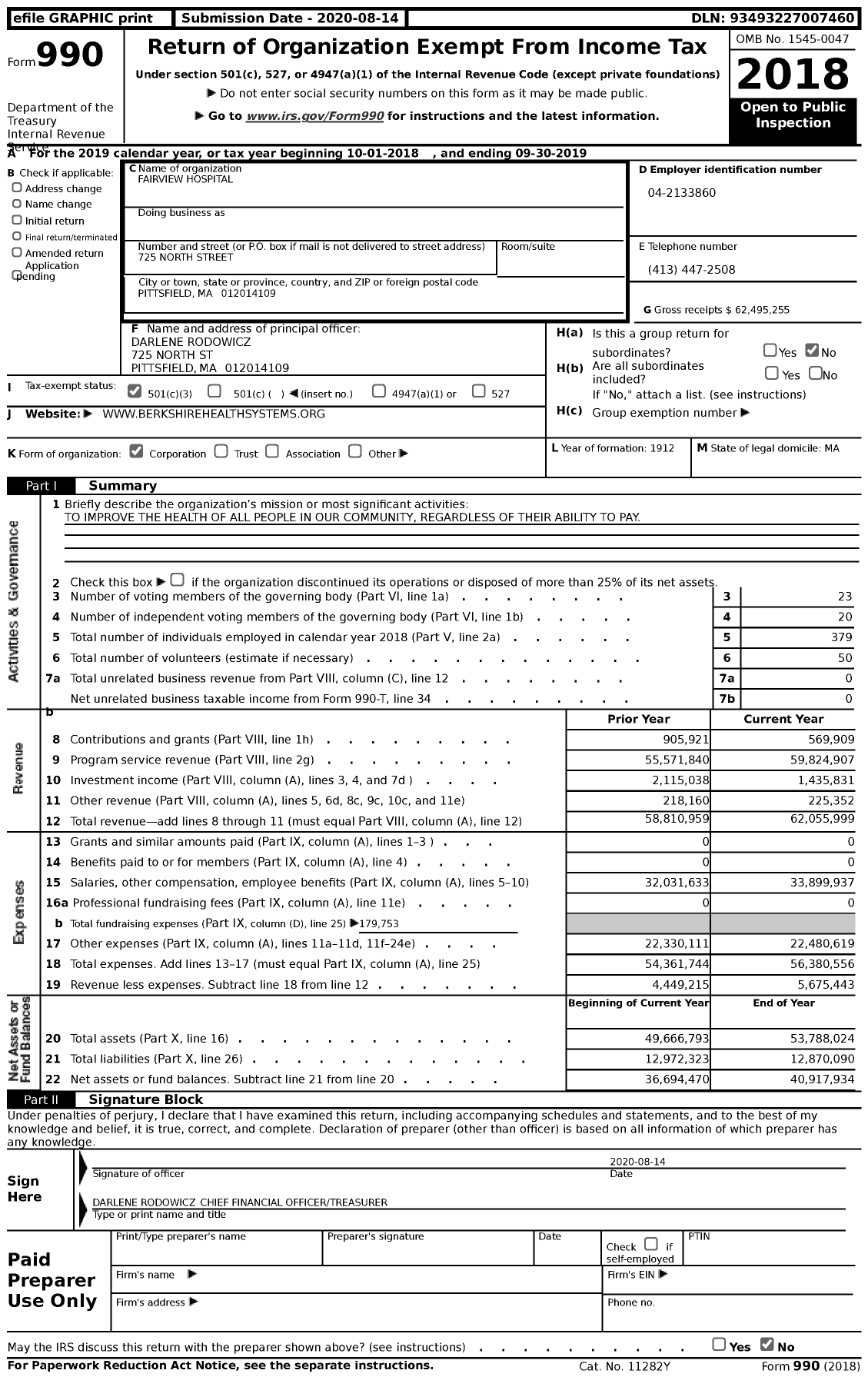 Image of first page of 2018 Form 990 for Fairview Hospital