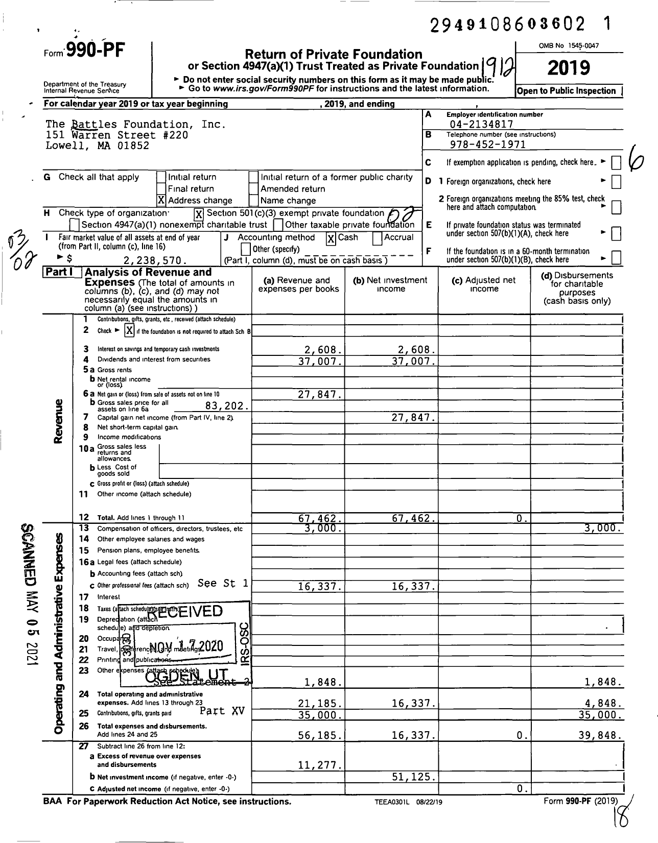 Image of first page of 2019 Form 990PF for The Battles Foundation