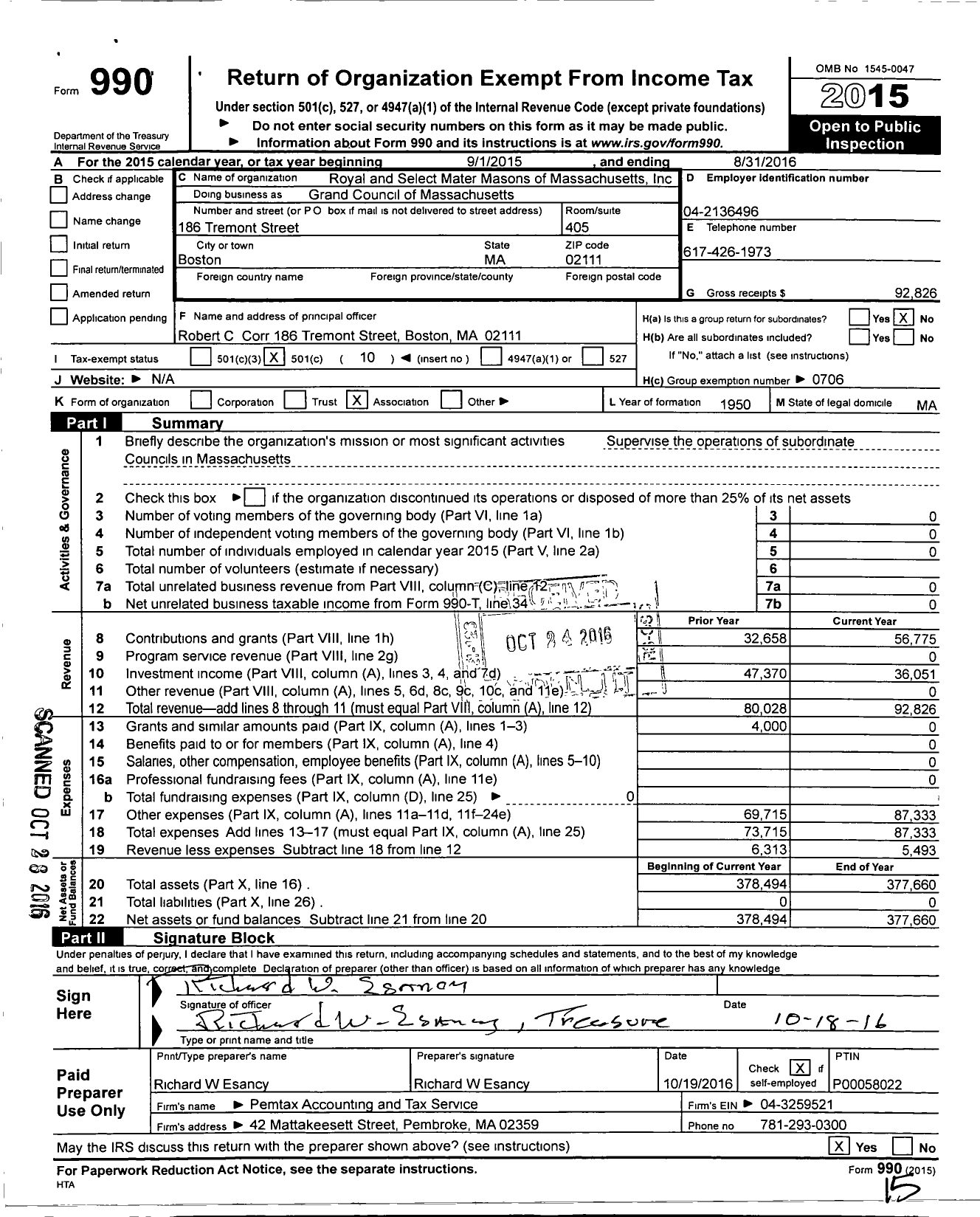 Image of first page of 2015 Form 990O for Grand Council of Massachusetts