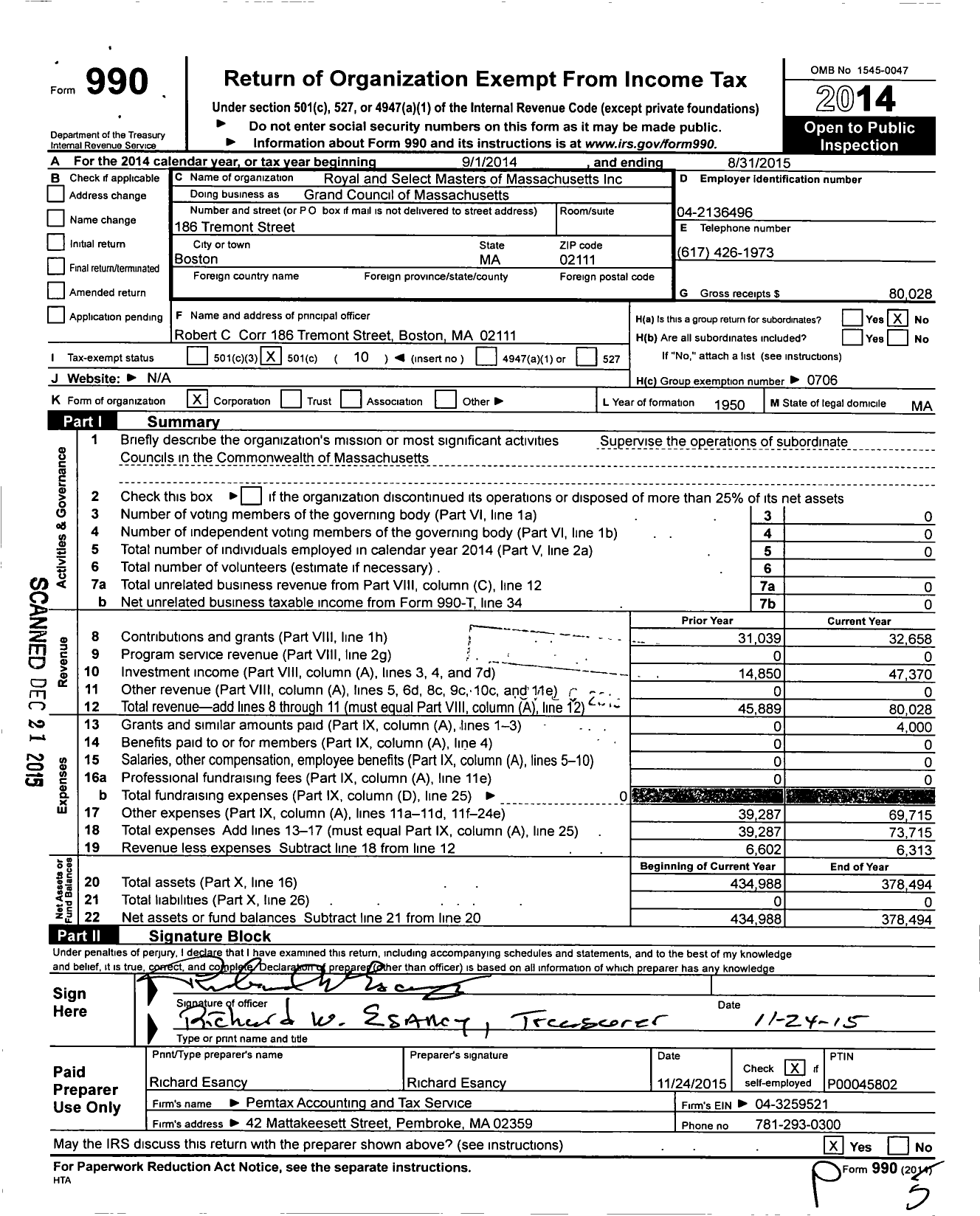 Image of first page of 2014 Form 990O for Grand Council of Massachusetts