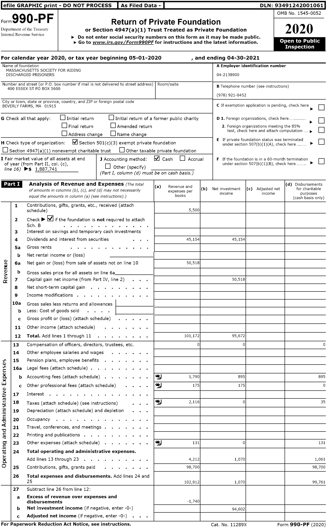 Image of first page of 2020 Form 990PF for Massachusetts Society for Aiding Discharged Prisoners