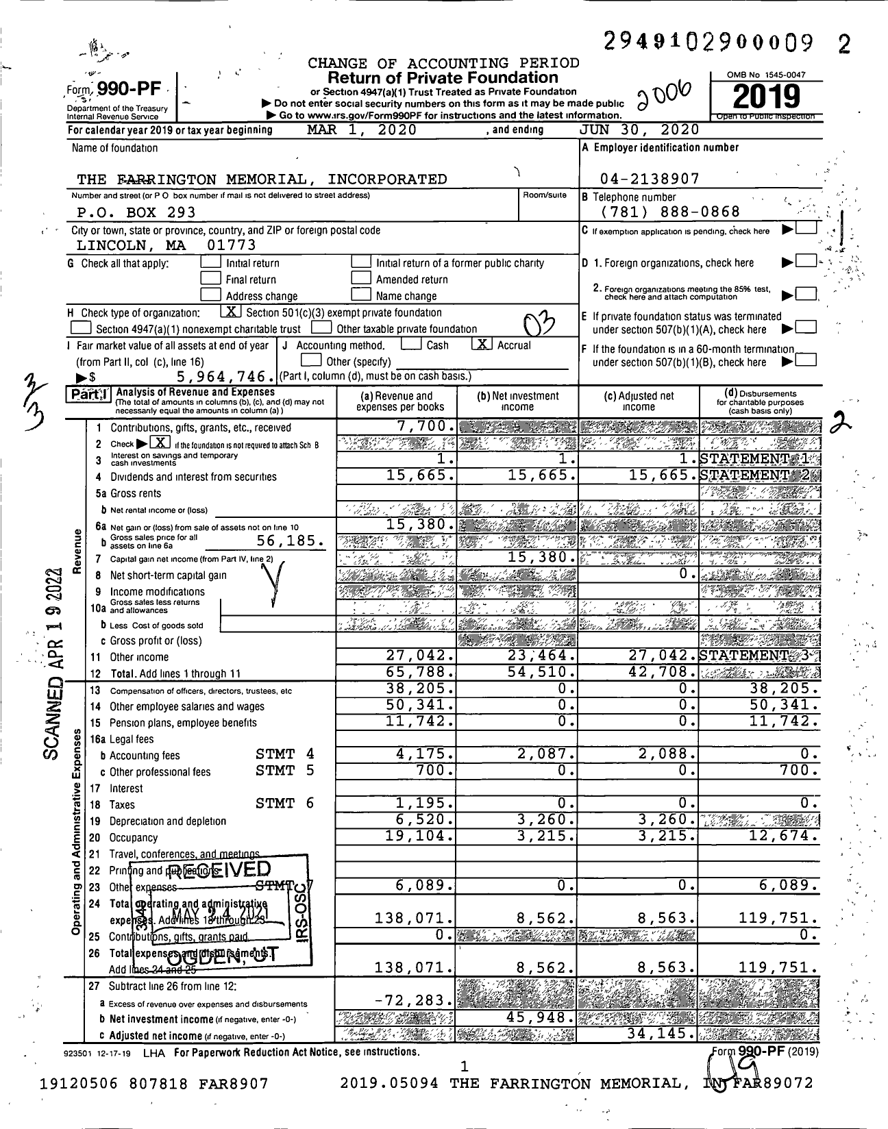 Image of first page of 2019 Form 990PF for The Farrington Memorial Incorporated