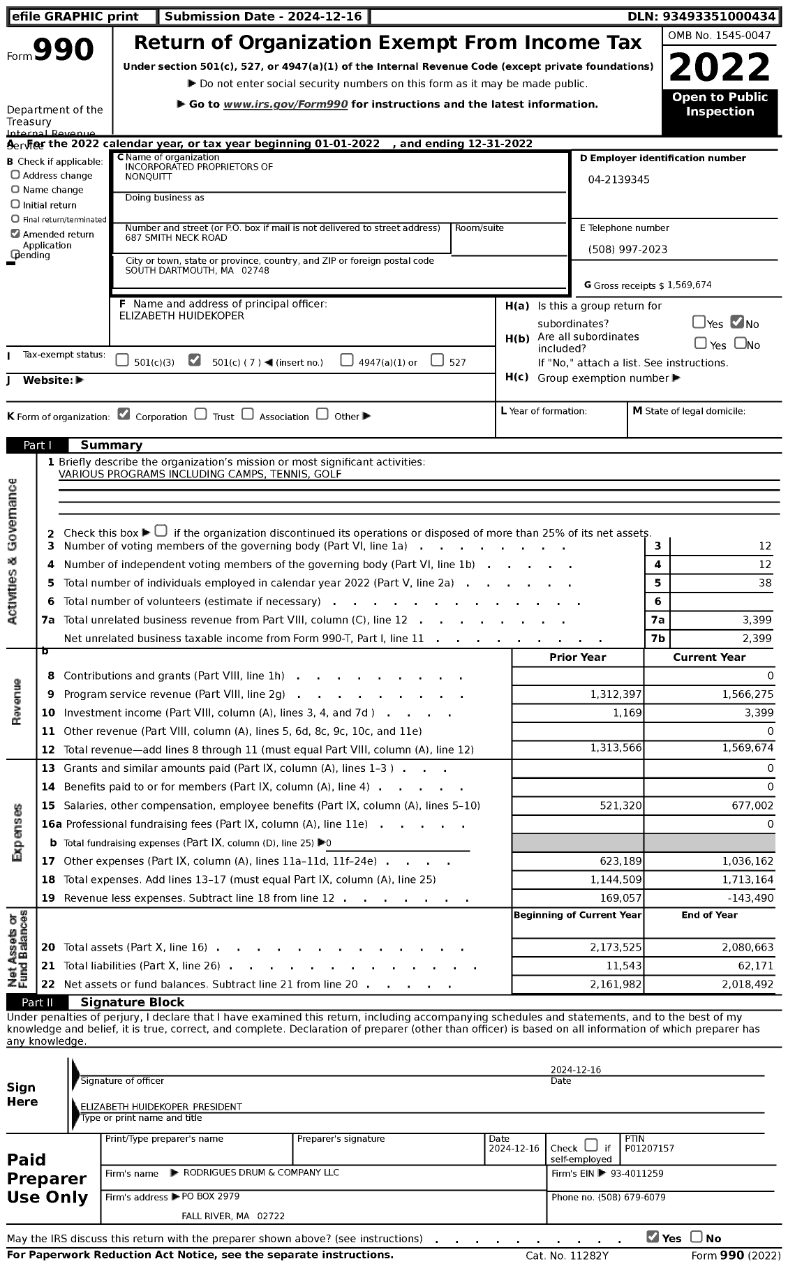 Image of first page of 2022 Form 990 for Incorporated Proprietors of Nonquitt