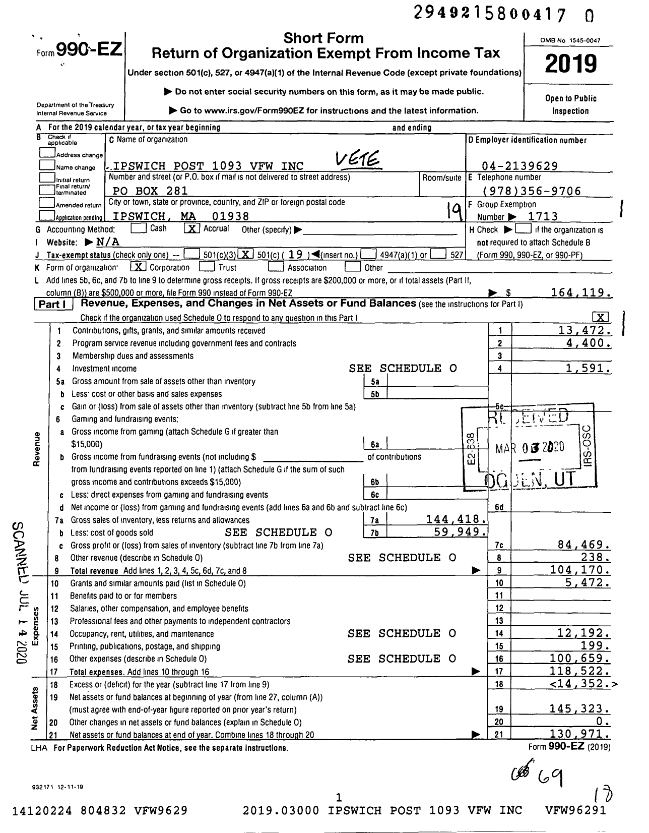 Image of first page of 2019 Form 990EO for VFW Department of Massachusetts - 1093 Ipswich Post