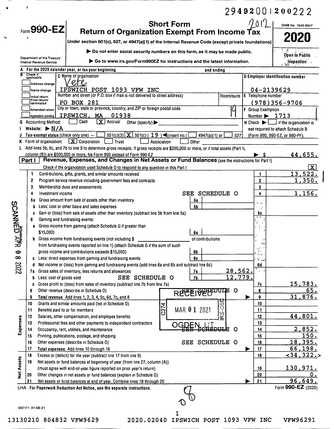 Image of first page of 2020 Form 990EO for VFW Department of Massachusetts - 1093 Ipswich Post