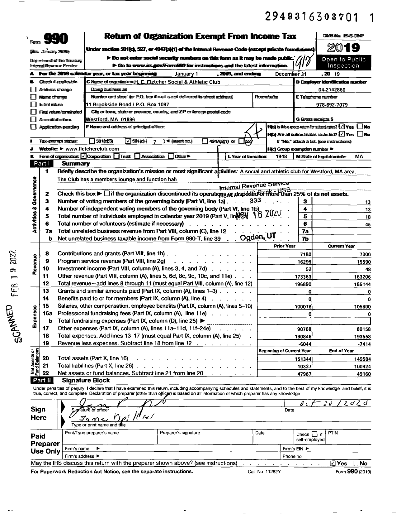 Image of first page of 2019 Form 990O for H E Fletcher Social and Athletic Club