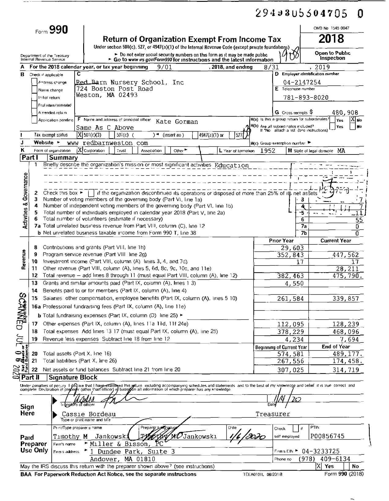 Image of first page of 2018 Form 990 for Red Barn Nursery School