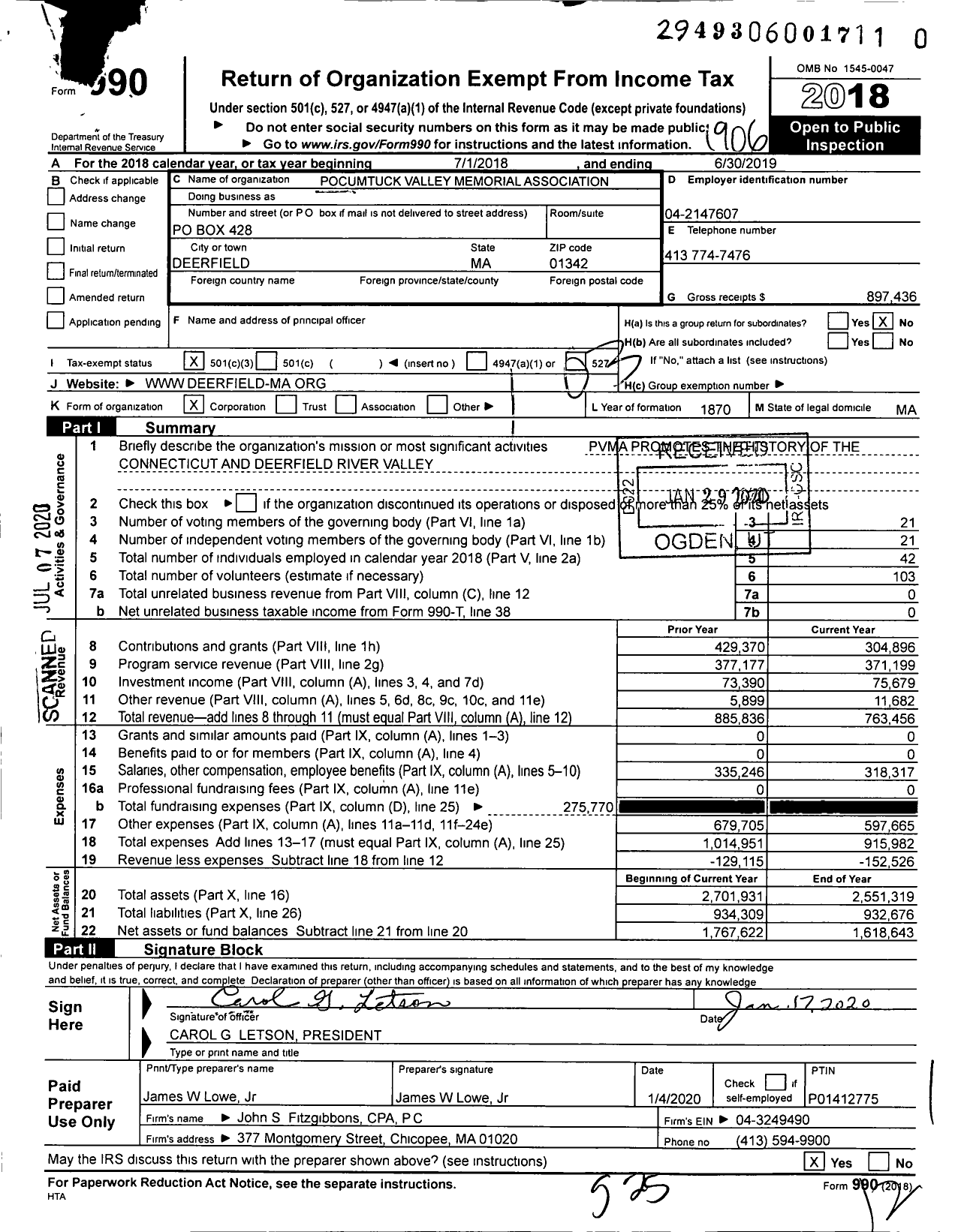 Image of first page of 2018 Form 990 for Pocumtuck Valley Memorial Association
