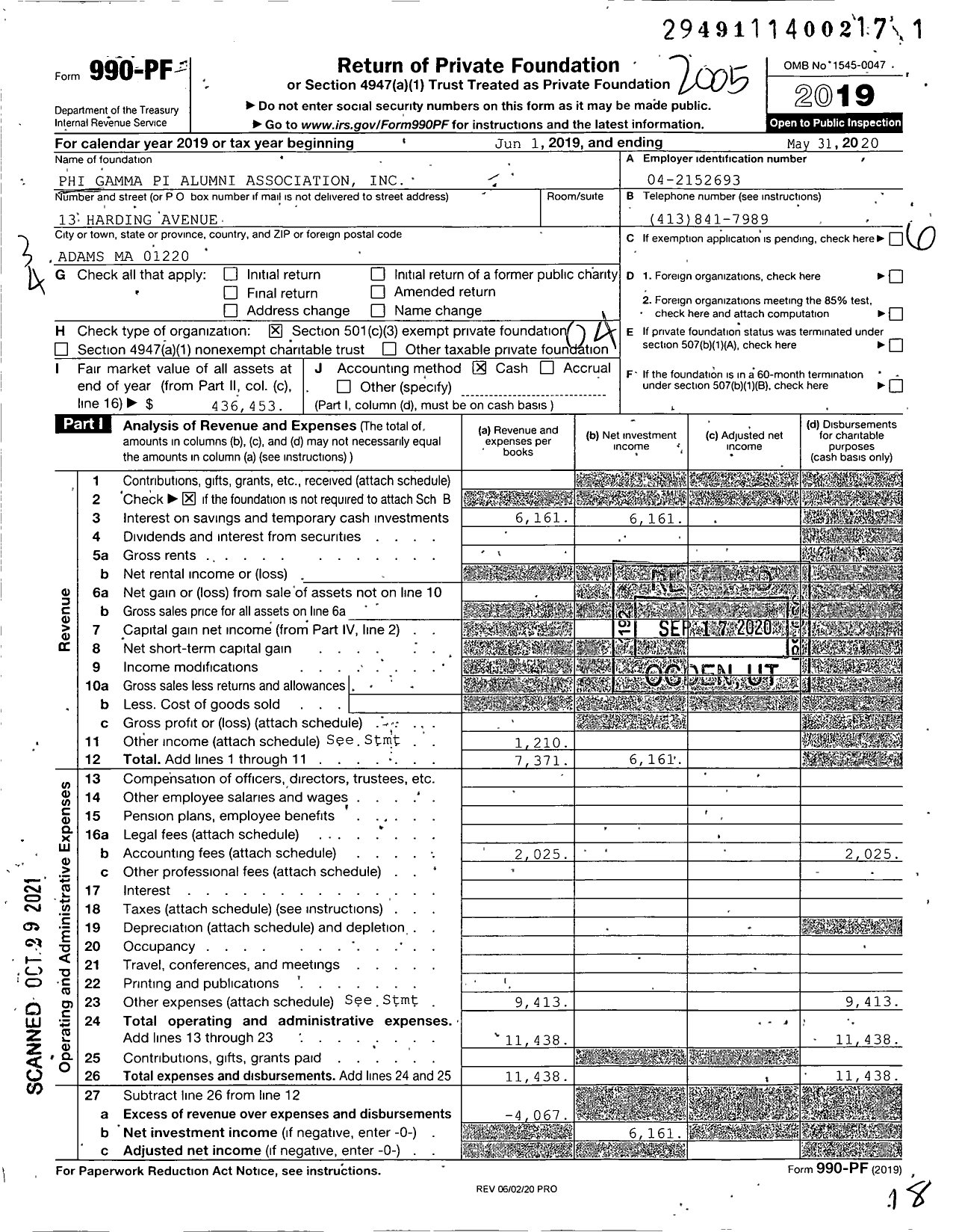 Image of first page of 2019 Form 990PF for Phi Gamma Pi Alumni Association