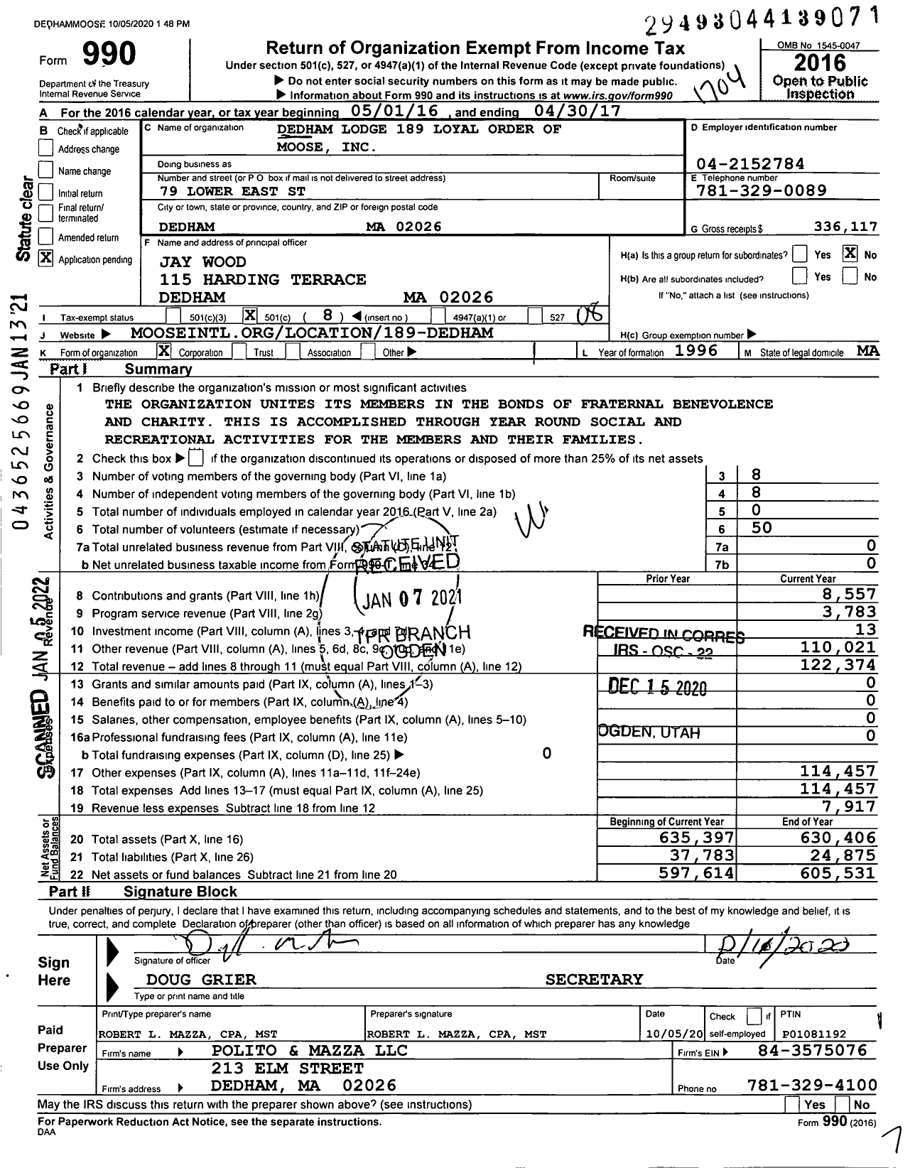 Image of first page of 2016 Form 990O for Dedham Moose Lodge #189 Loyal Order of Moose