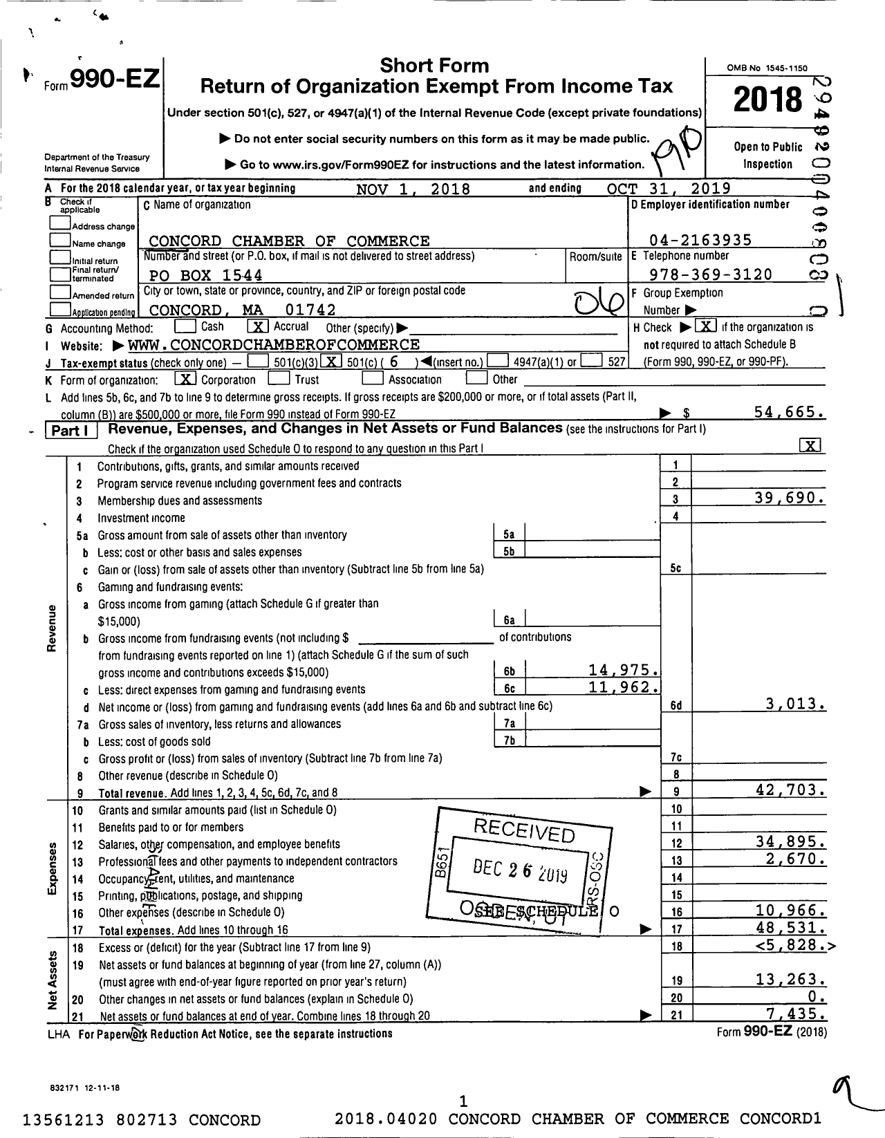 Image of first page of 2018 Form 990EO for Concord Chamber of Commerce Corp