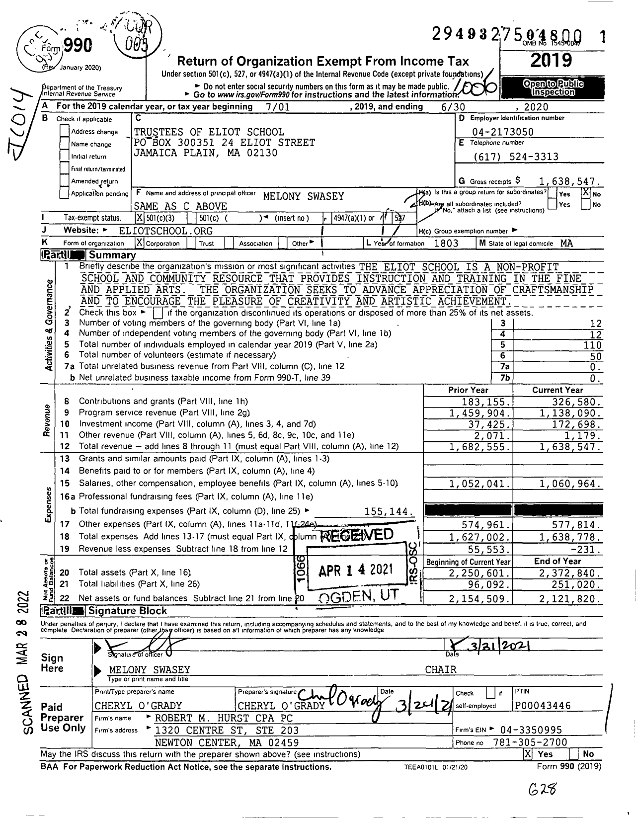 Image of first page of 2019 Form 990 for The Eliot School