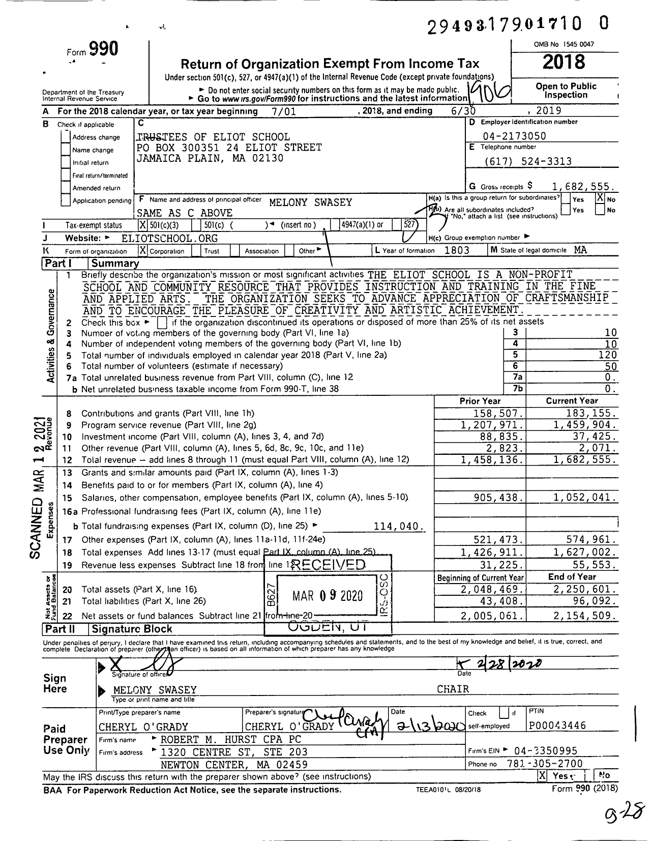 Image of first page of 2018 Form 990 for The Eliot School