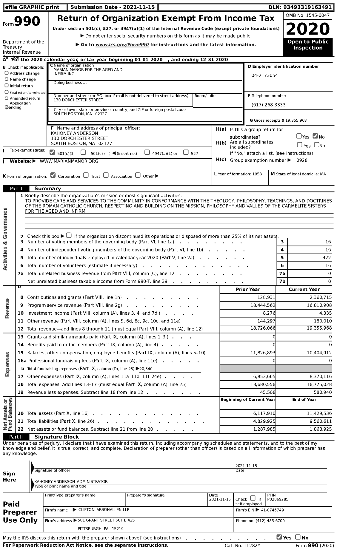 Image of first page of 2020 Form 990 for Marian Manor for the Aged and Infirm
