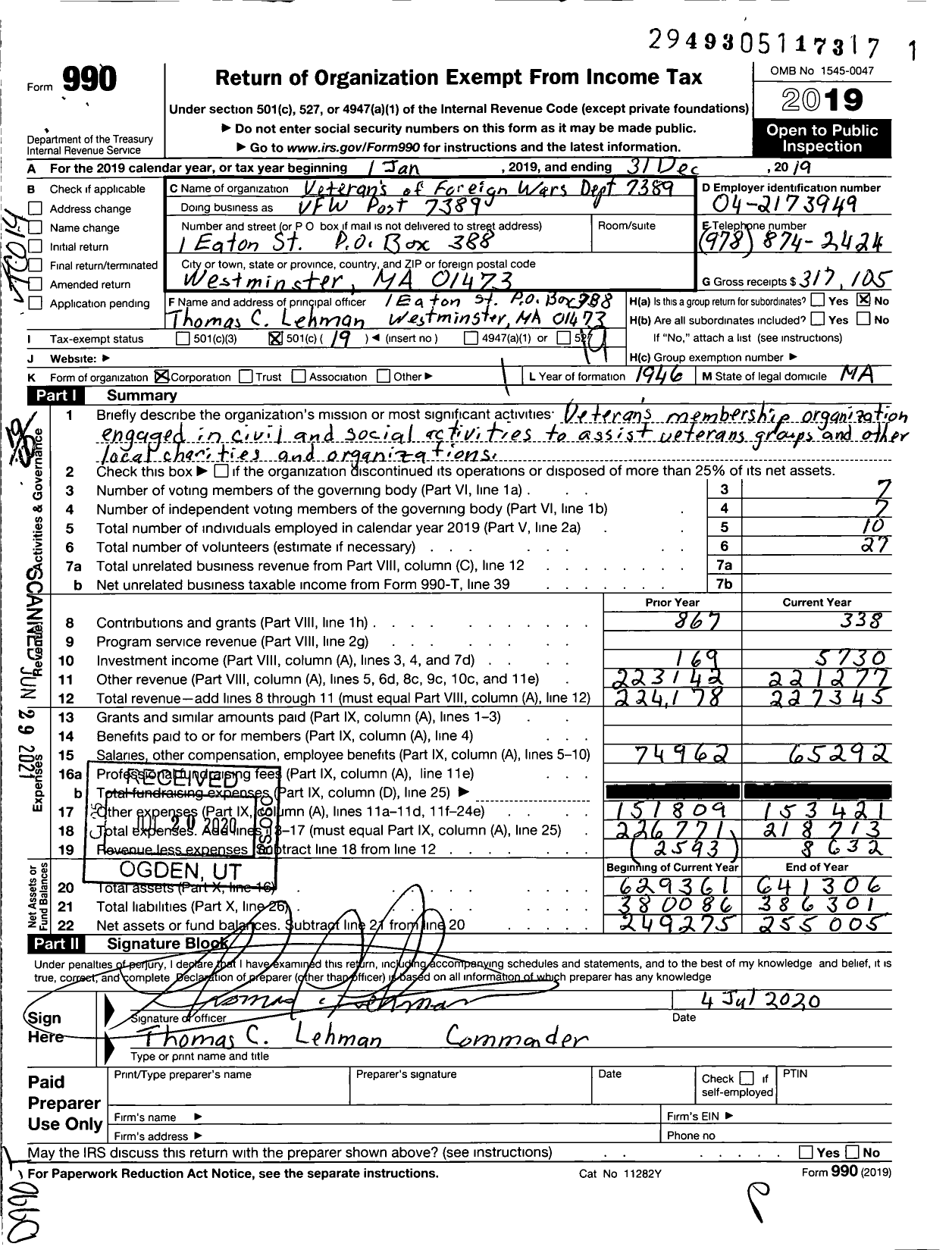 Image of first page of 2019 Form 990O for VFW Department of Massachusetts - VFW Post 7389