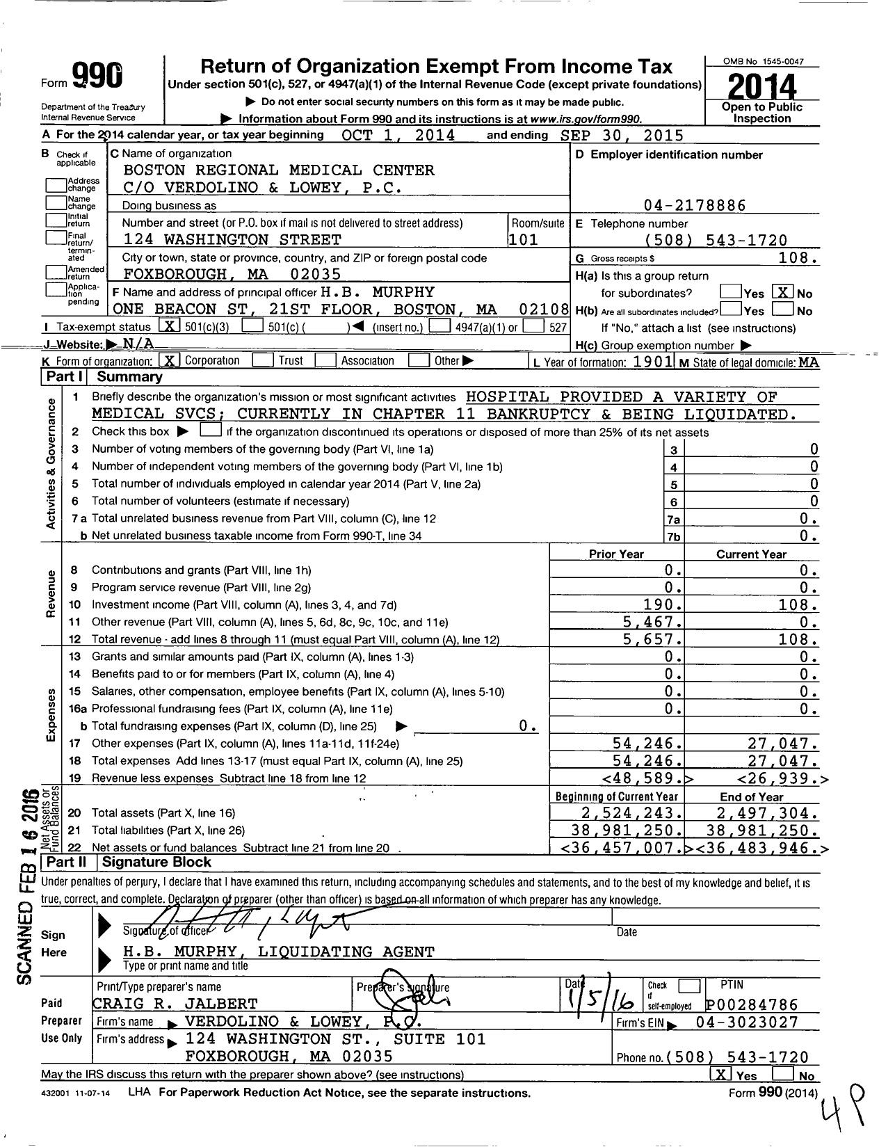 Image of first page of 2014 Form 990 for Boston Regional Medical Center