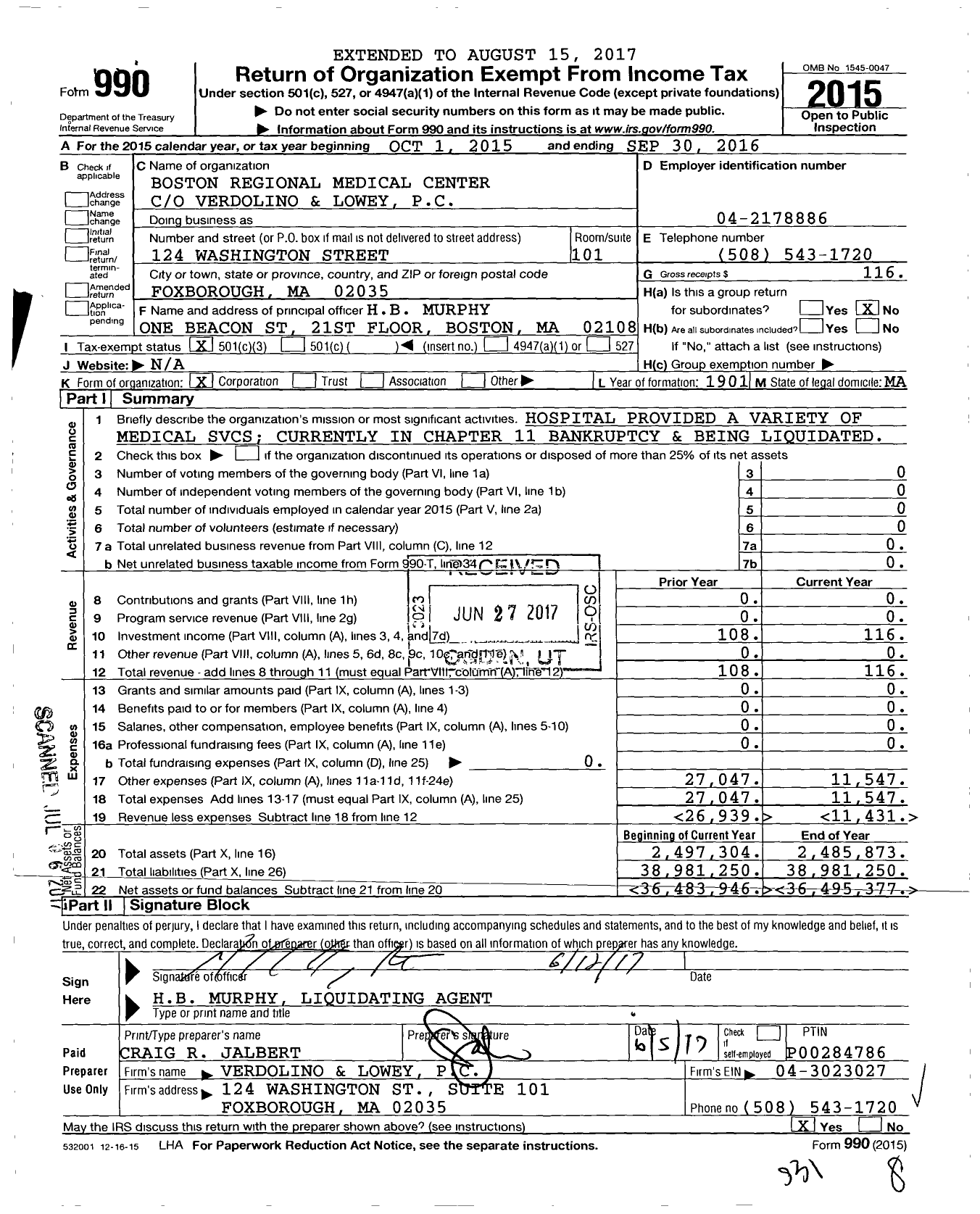 Image of first page of 2015 Form 990 for Boston Regional Medical Center