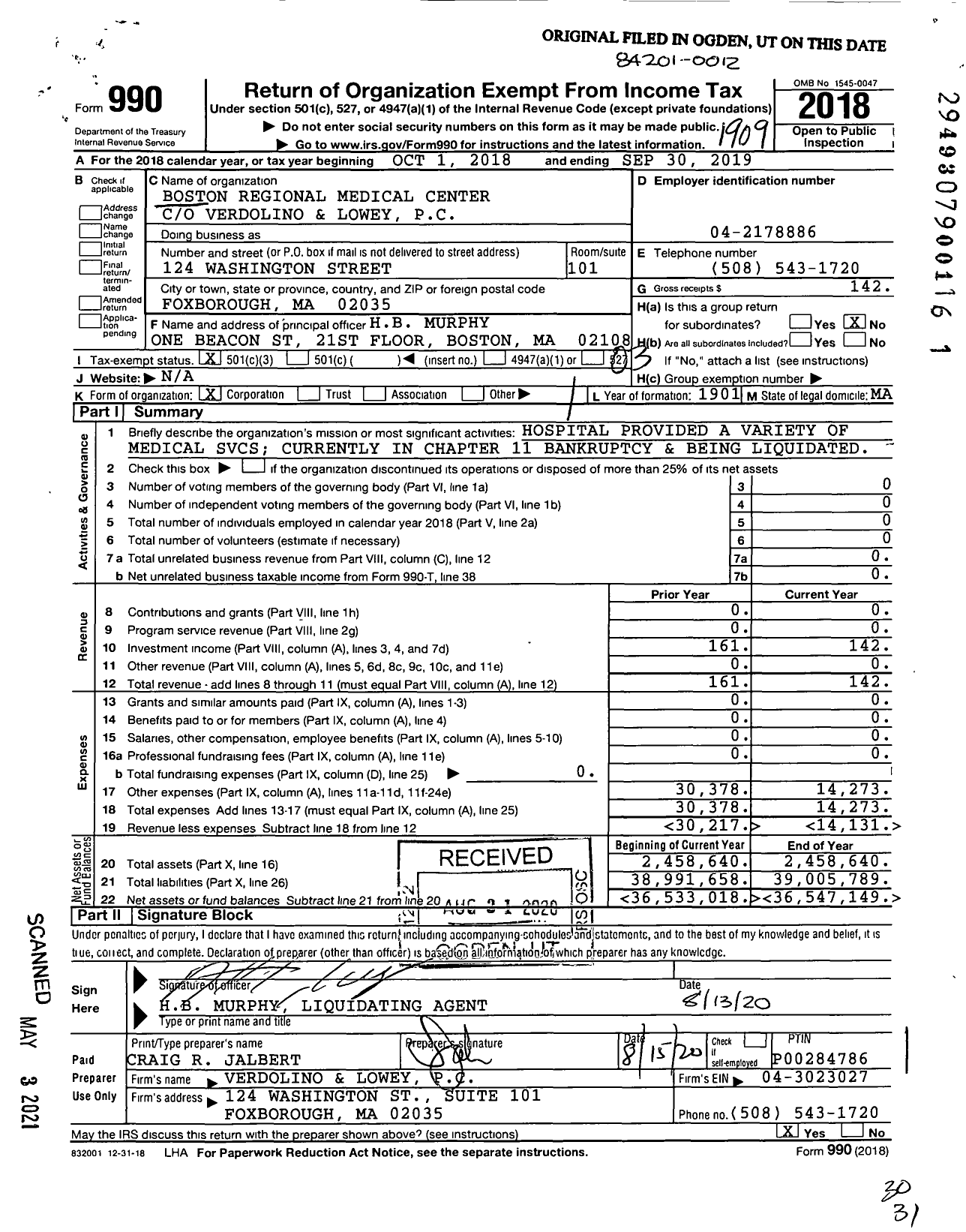 Image of first page of 2018 Form 990 for Boston Regional Medical Center