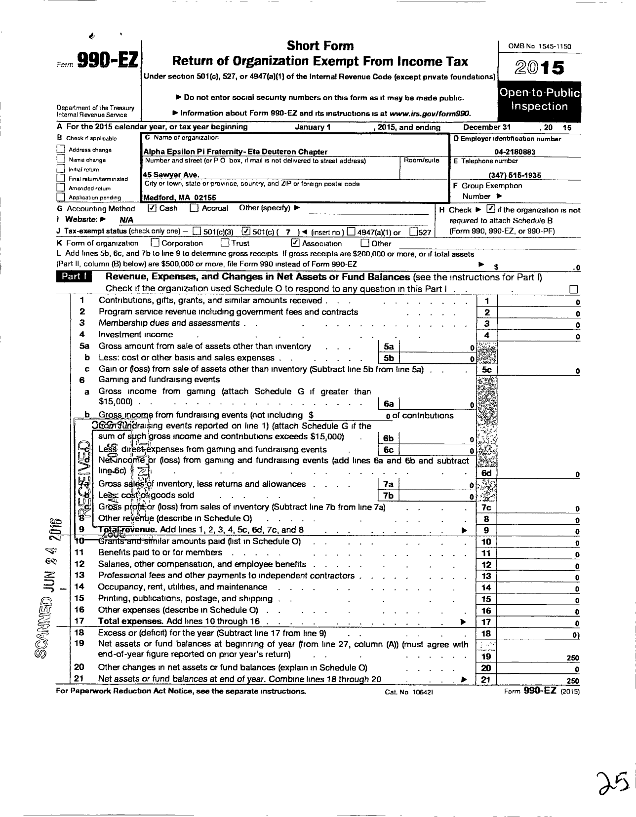 Image of first page of 2015 Form 990EO for Alpha Epsilon Pi Fraternity-Eta Deuteron Chapter