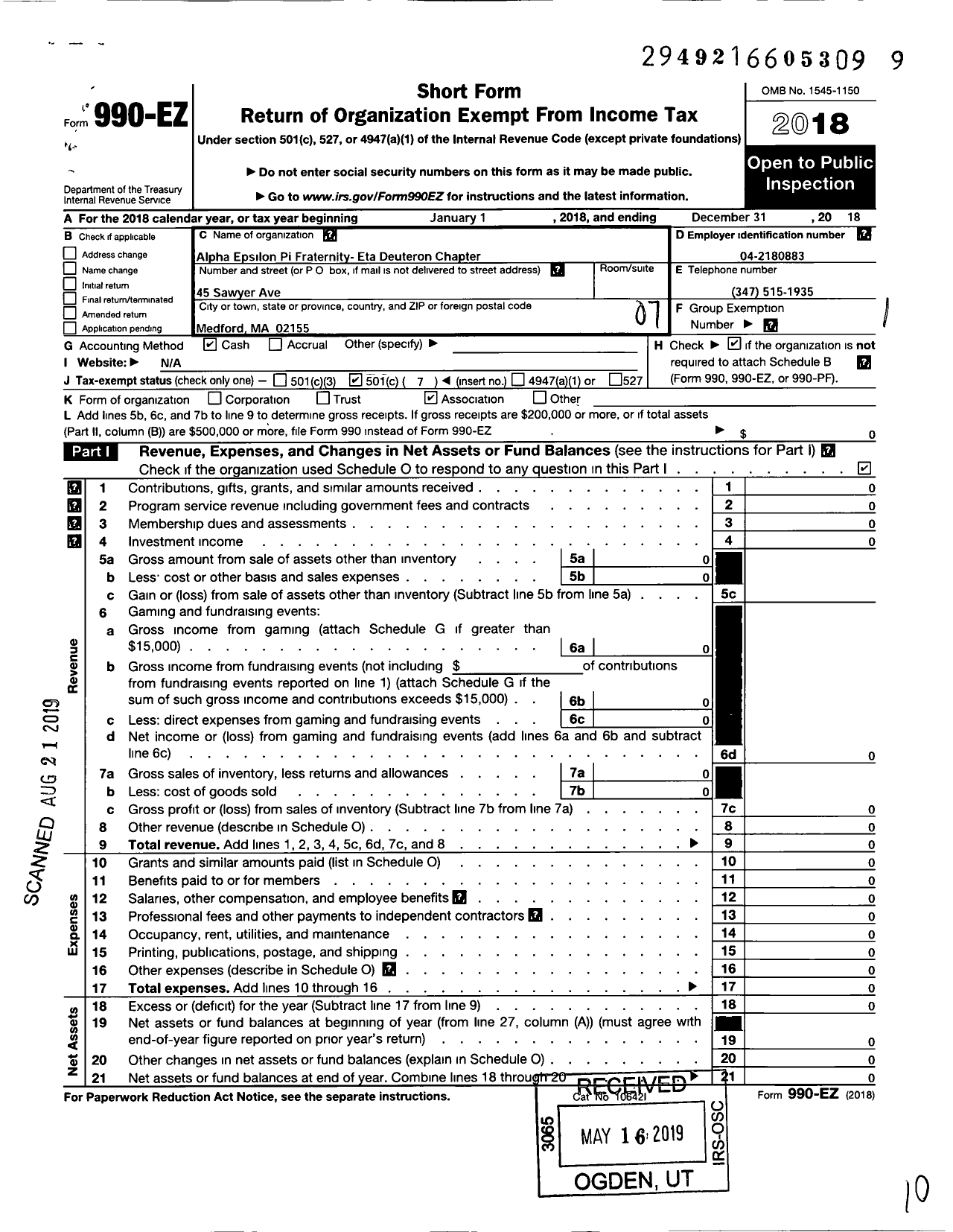 Image of first page of 2018 Form 990EO for Alpha Epsilon Pi Fraternity-Eta Deuteron Chapter