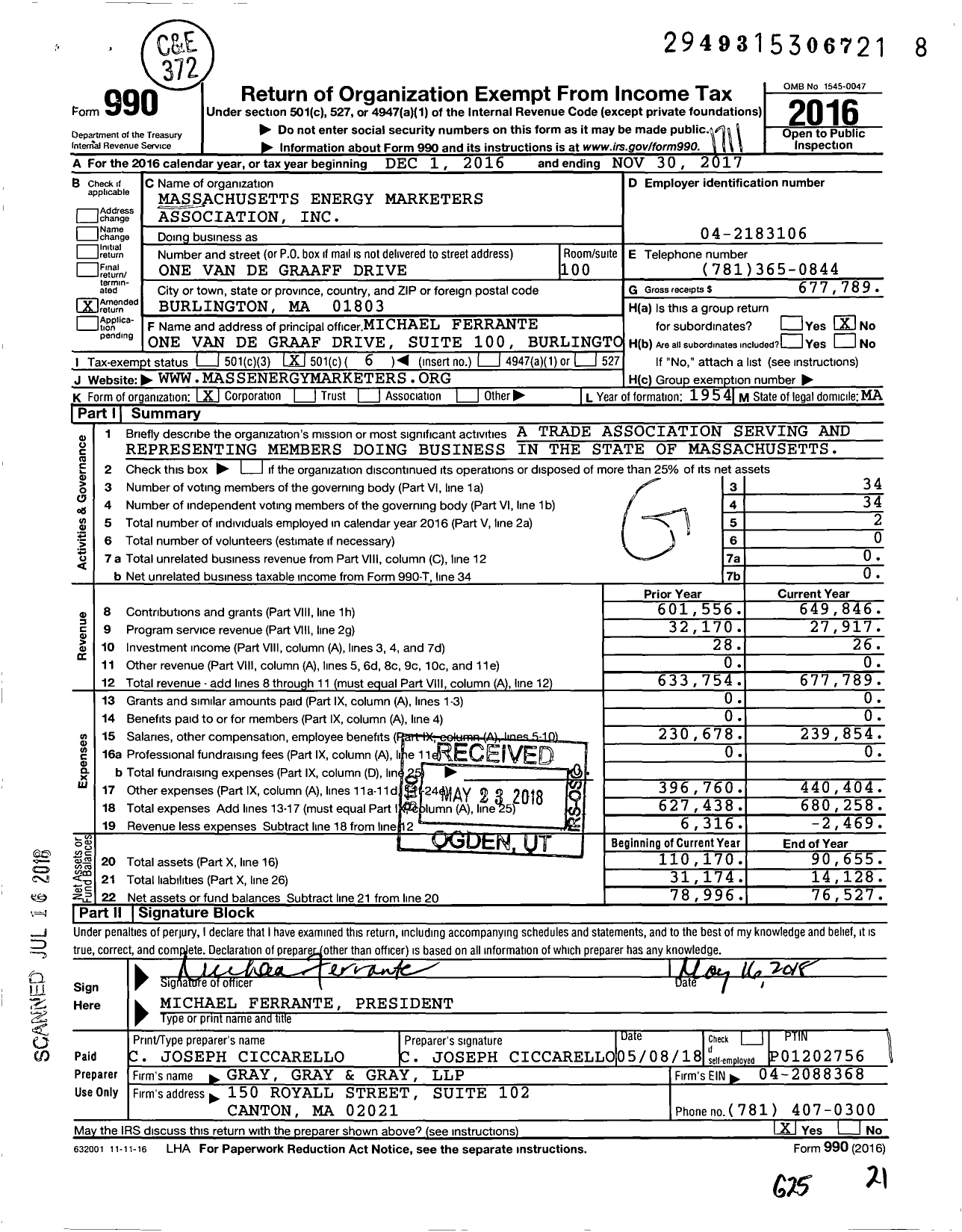 Image of first page of 2016 Form 990O for Massachusetts Energy Marketers Association