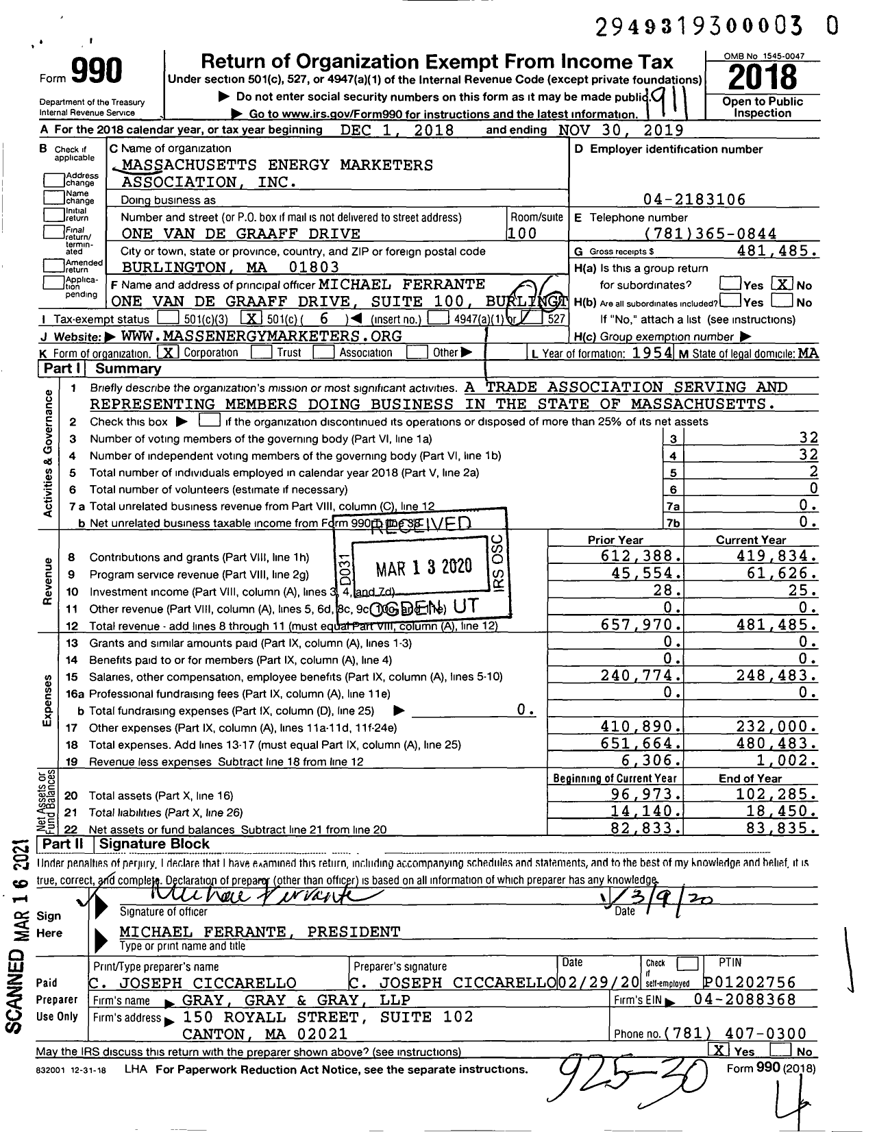 Image of first page of 2018 Form 990O for Massachusetts Energy Marketers Association