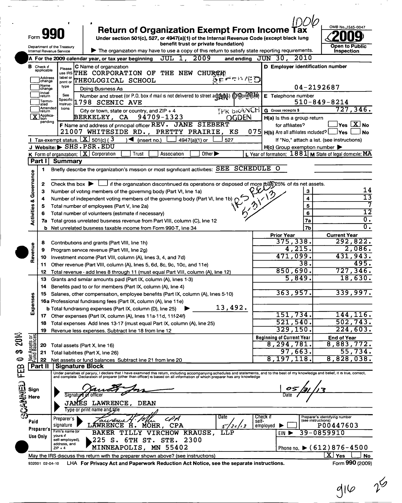 Image of first page of 2009 Form 990 for Corporation of the New Church Theological School