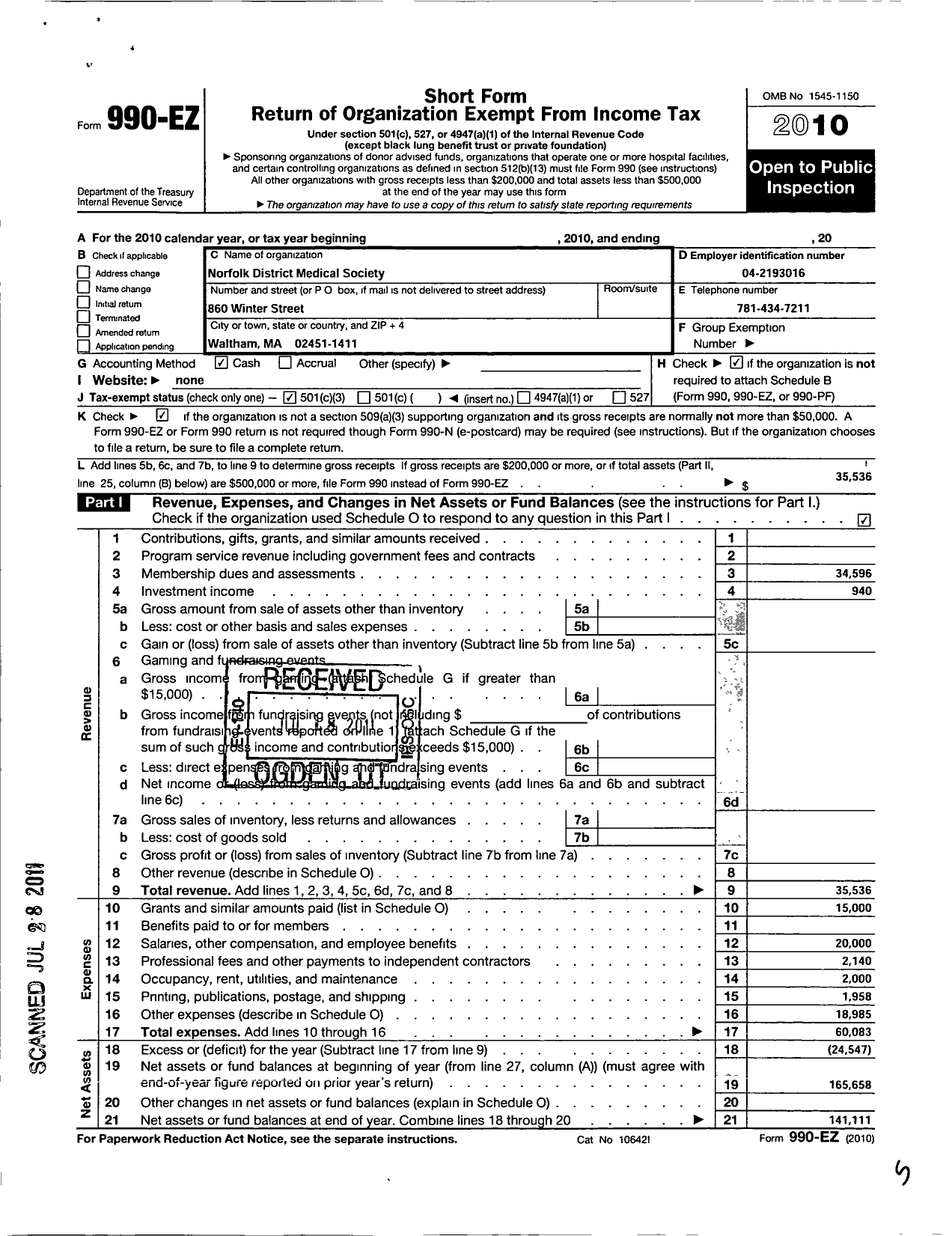 Image of first page of 2010 Form 990EZ for Massachusetts Medical Society / Norfolk District