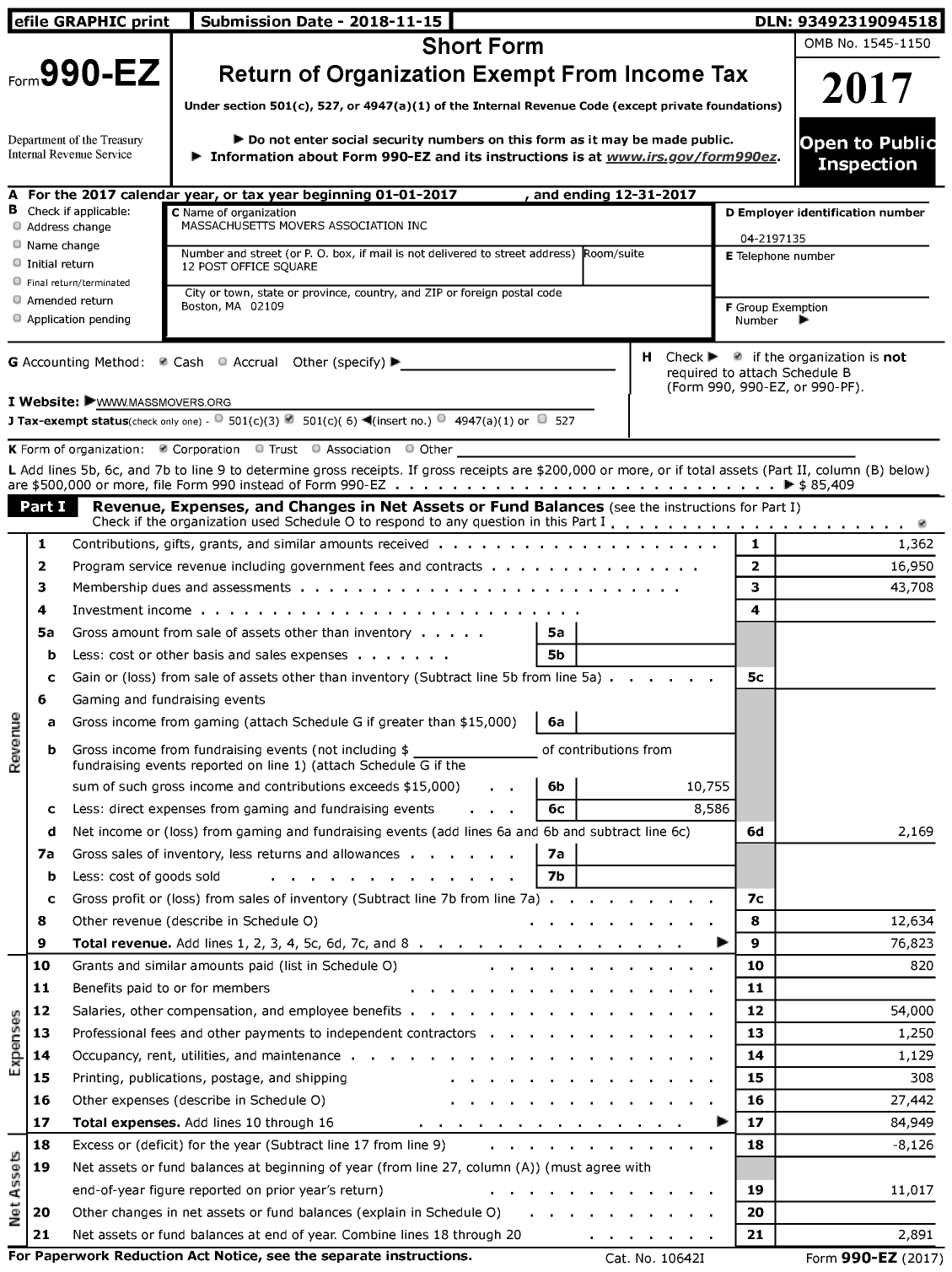 Image of first page of 2017 Form 990EZ for MASSACHUSETTS MOVERS ASSOCiaTION